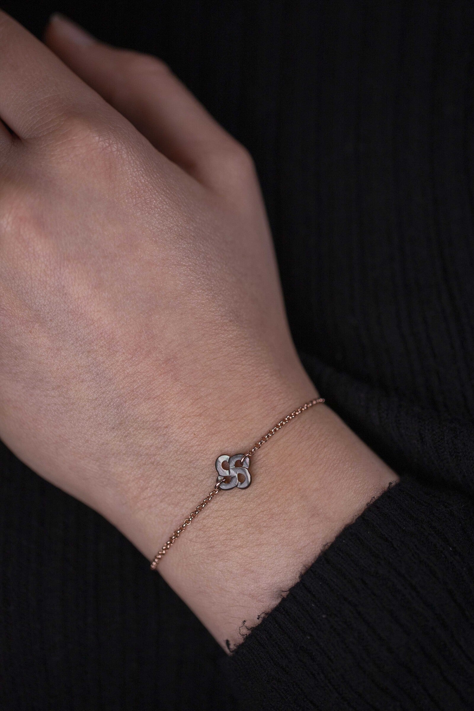 Bracelet Ilargia Argent Plaqué Or Rose Lauburu Ttiki Nacre Grise