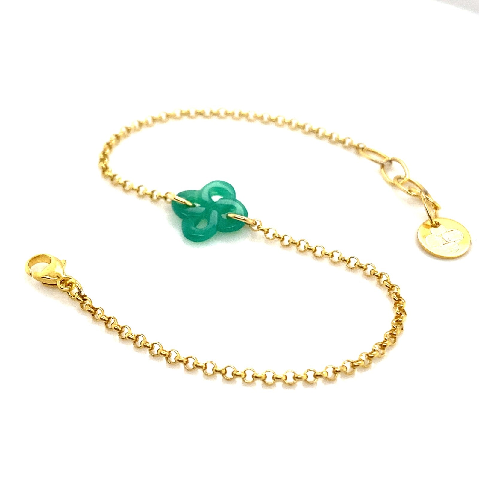 Bracelet Ilargia Argent Plaqué Or Jaune Lauburu Ttiki en Agate Verte