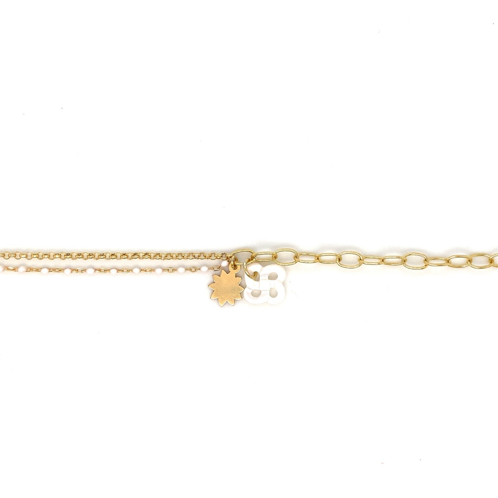 Bracelet Izarra Argent Plaqué Or Jaune Lauburu Ttiki Nacre Blanche Laque Blanc Soleil