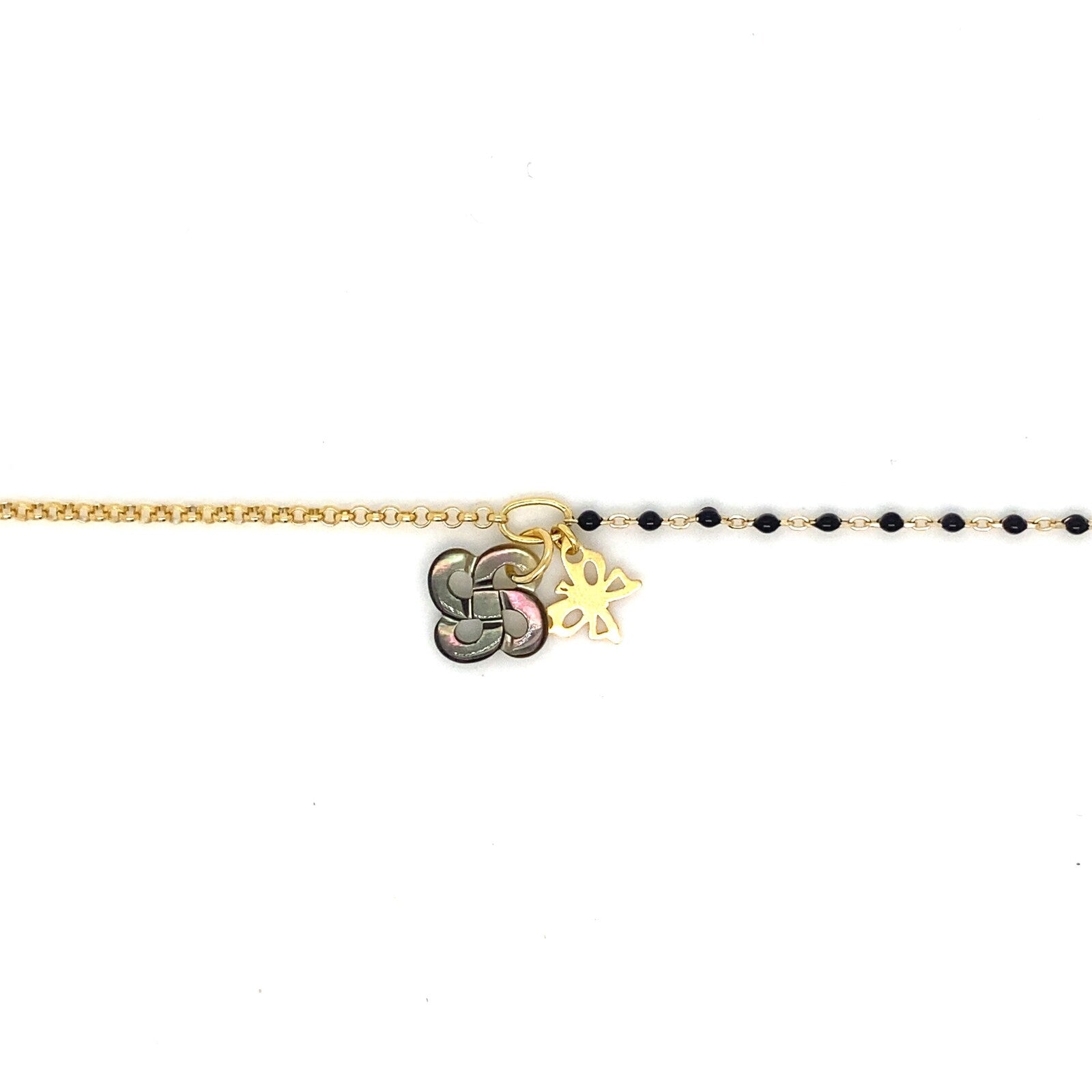 Bracelet Izarra Argent Plaqué Or Jaune Lauburu Ttiki Nacre Grise Laque Noir Papillon