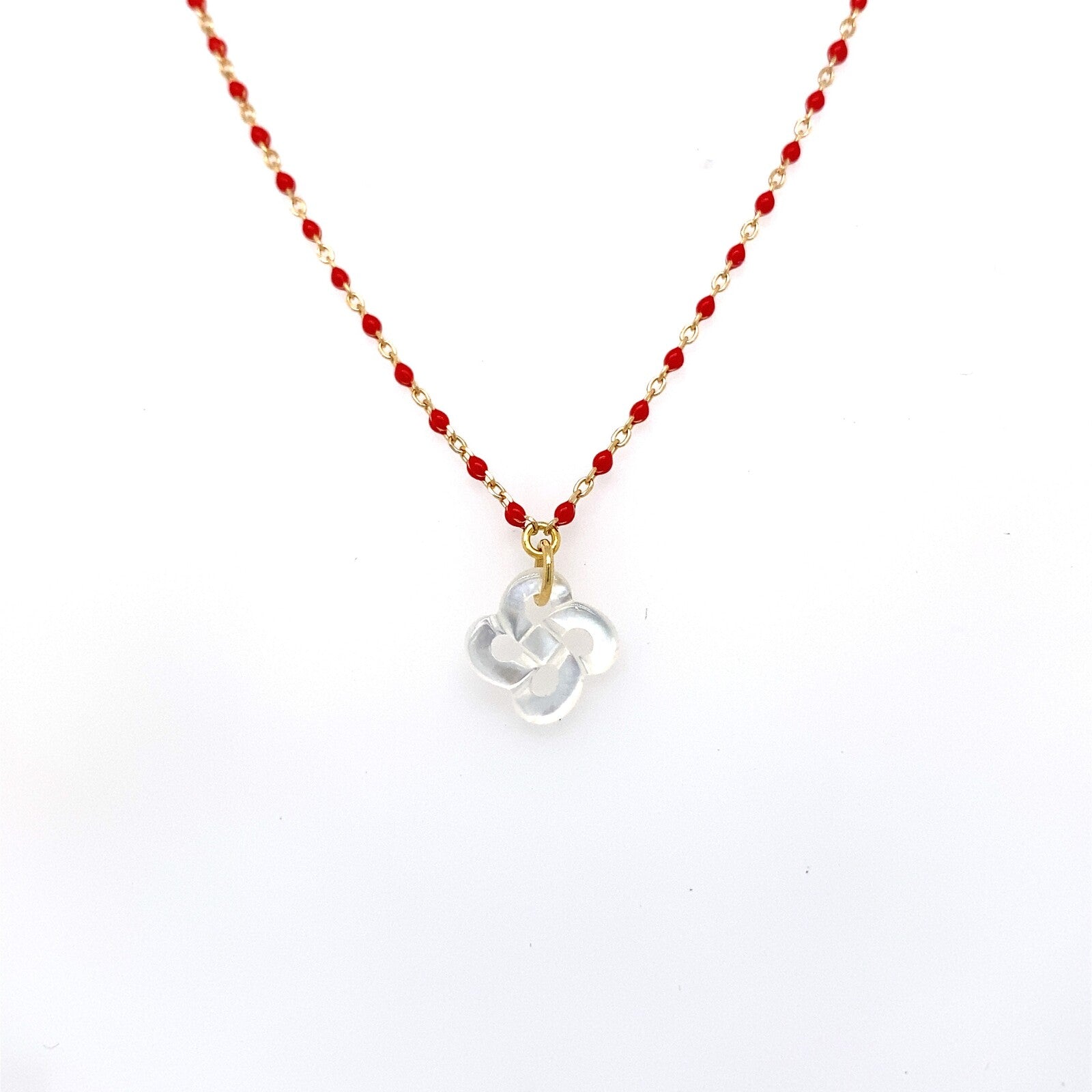 Collier Izarra Argent Plaqué Or Jaune Nacre Blanche Laque Rouge