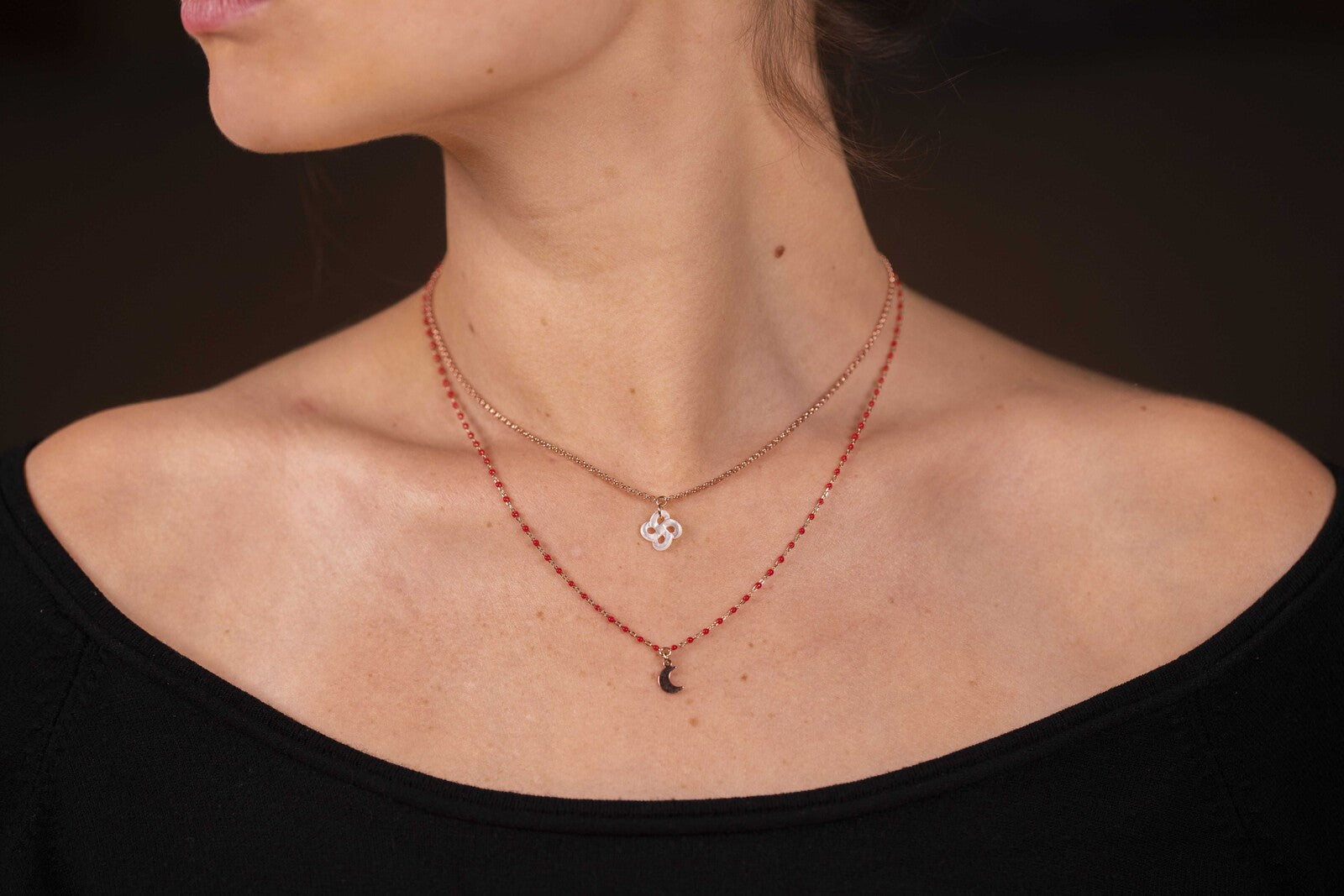 Collier Izarra Double Argent Plaqué Or Jaune Nacre Blanche Laque Rouge