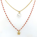 Collier Izarra Double Argent Plaqué Or Jaune Nacre Blanche Laque Rouge