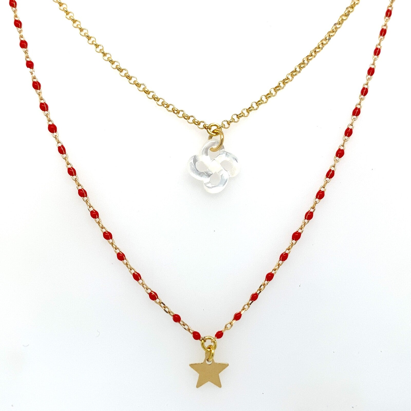 Collier Izarra Double Argent Plaqué Or Jaune Nacre Blanche Laque Rouge