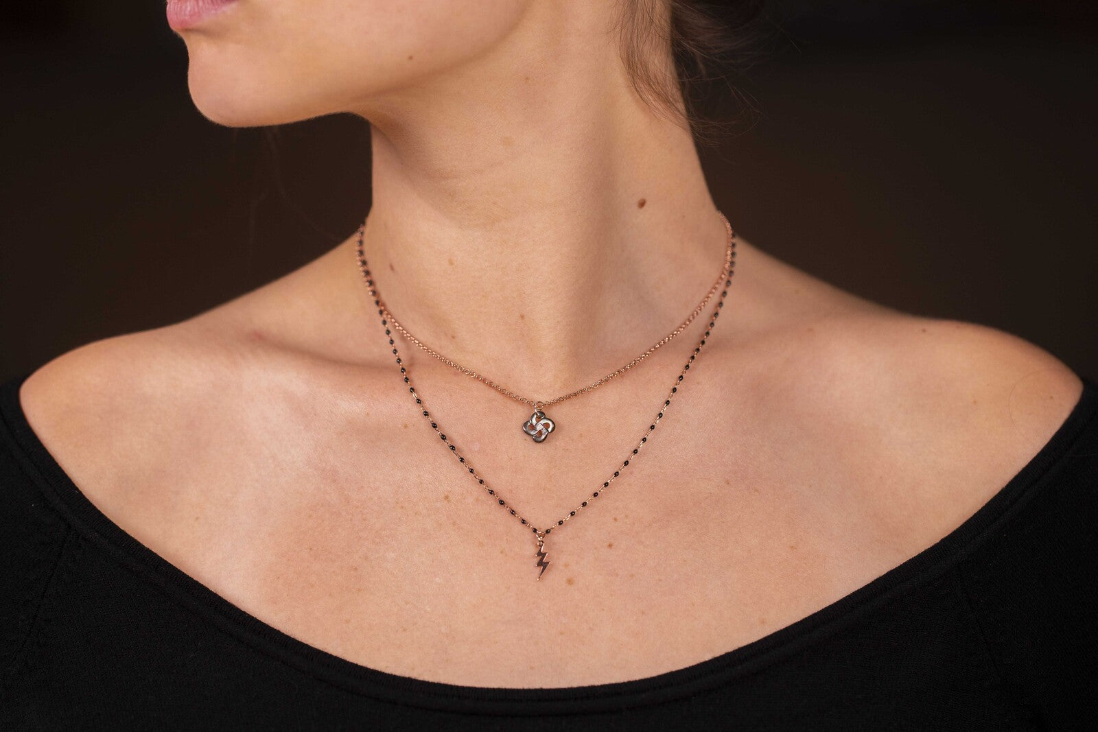 Collier Izarra Double Argent Plaqué Or Jaune Nacre Grise Laque Noire