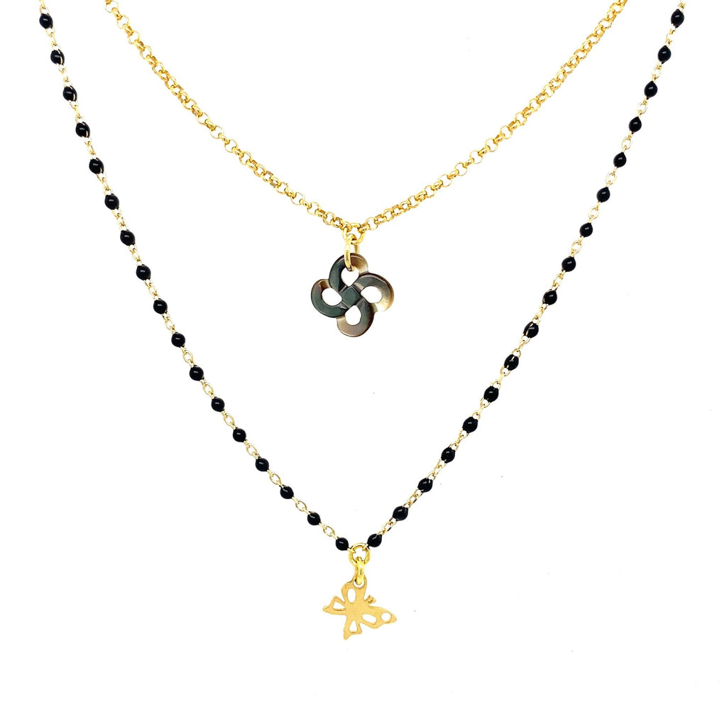 Collier Izarra Double Argent Plaqué Or Jaune Nacre Grise Laque Noire