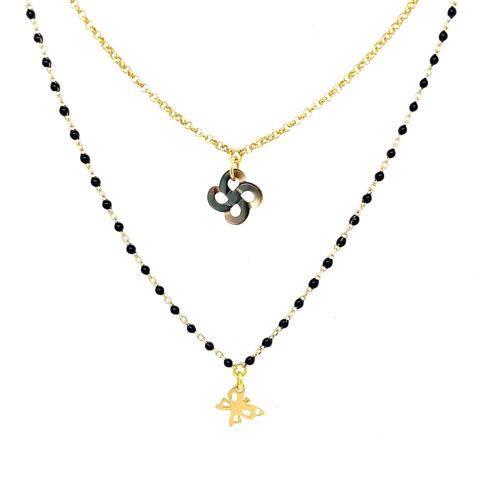 Collier Izarra Double Argent Plaqué Or Jaune Nacre Grise Laque Noire