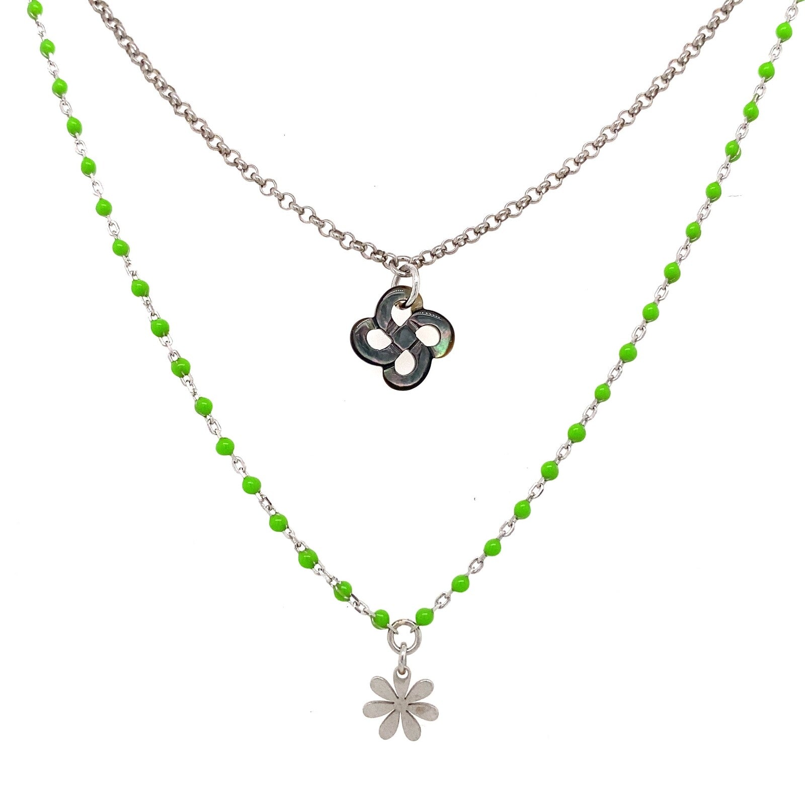 Collier Izarra Double Argent Nacre grise Laque verte