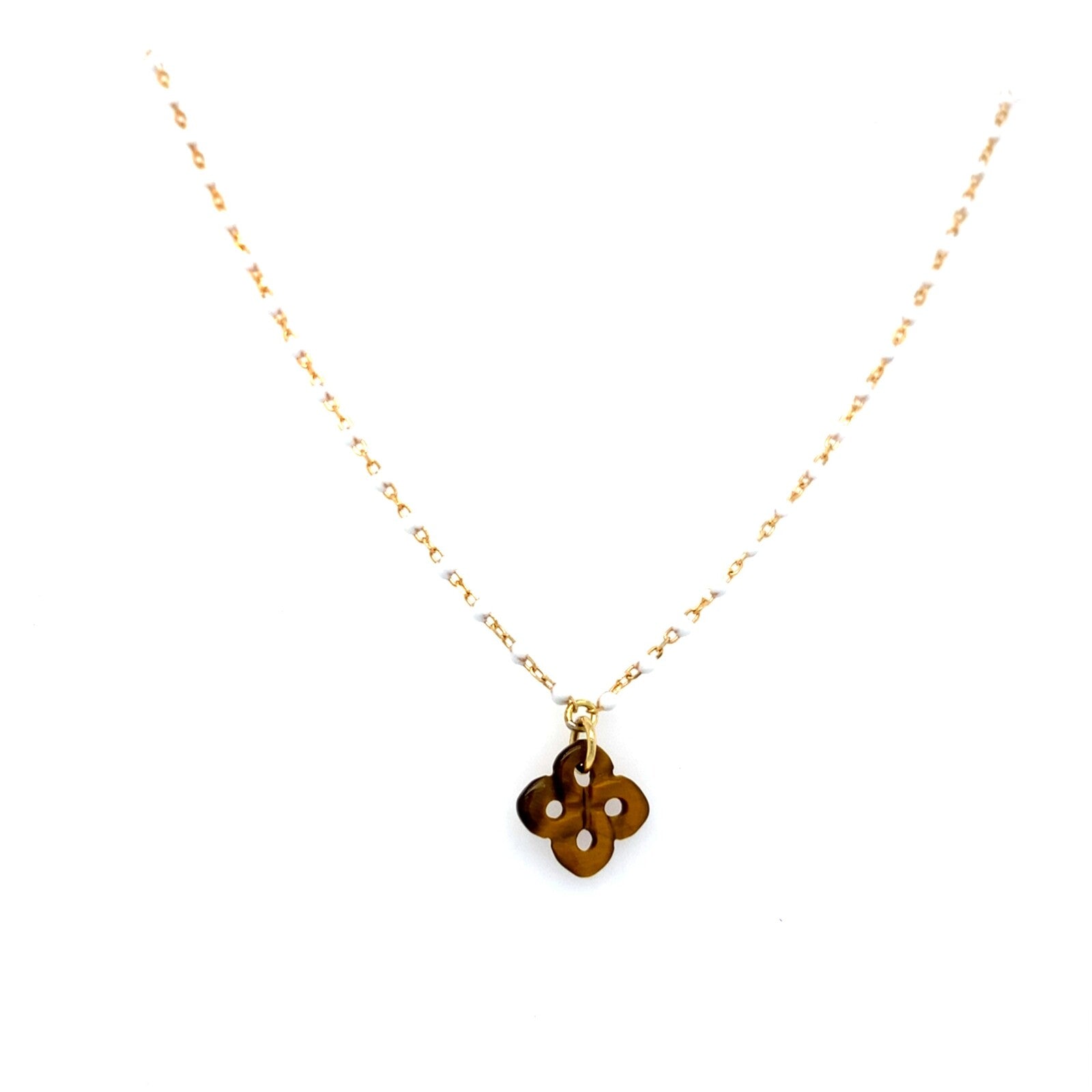Collier Izarra Argent Plaque Or Jaune Oeil de Tigre Laque Blanche