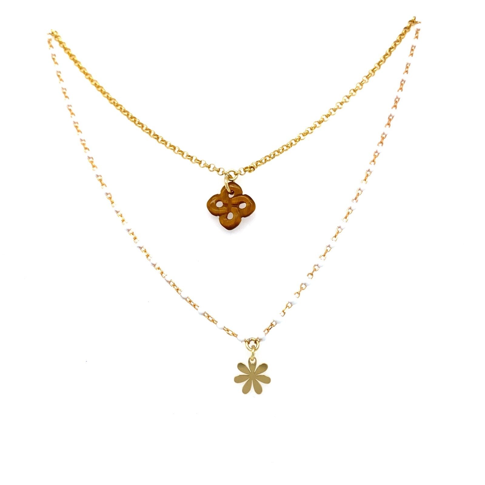 Collier Izarra double argent plaqué or jaune oeil de tigre laque blanche