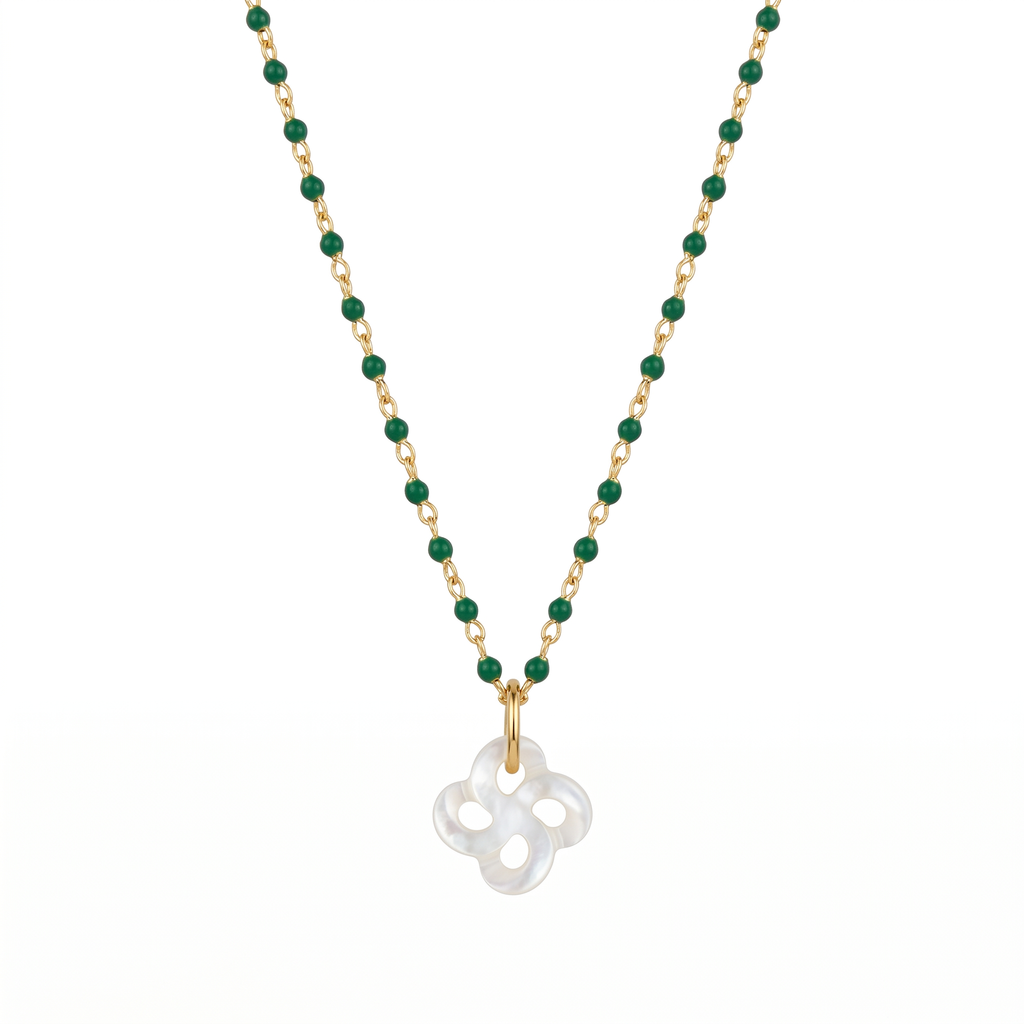 Collier Izarra Argent Plaqué Or Jaune Nacre Blanche Laque Verte