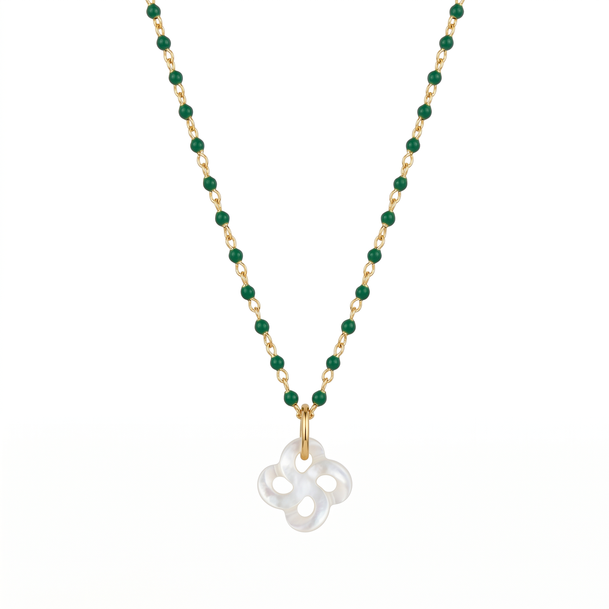 Collier Izarra Argent Plaqué Or Jaune Nacre Blanche Laque Verte