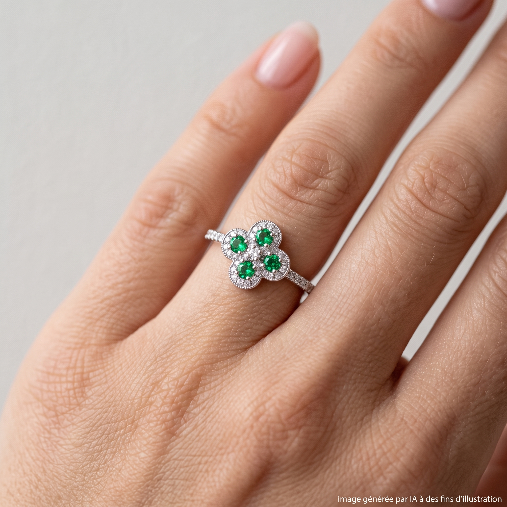 Bague Argia Txiki Diamants et Tsavorites Or Blanc portée - photo générée par IA
