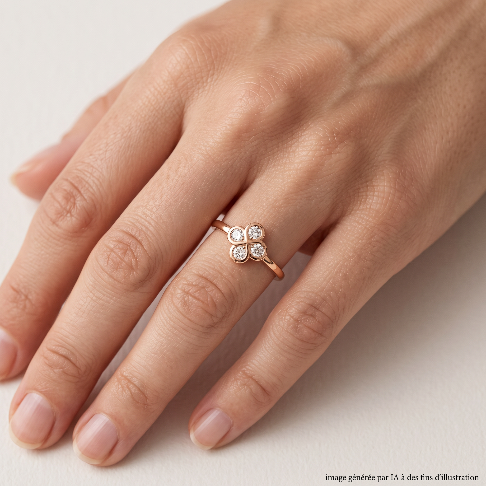 Bague Alaia Or Rose et Diamants portée - photo générée par IA