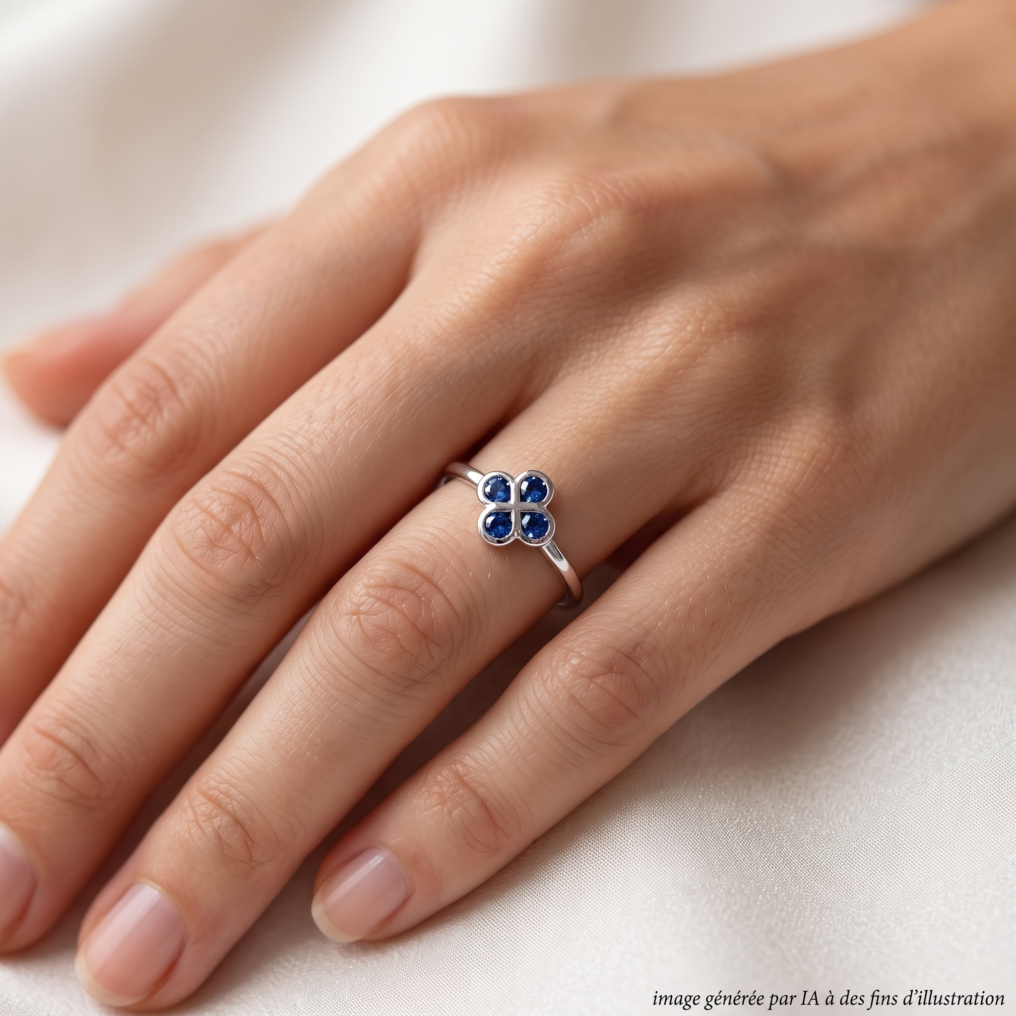 Bague Alaia Saphirs Bleu Or Blanc portée - photo générée par IA