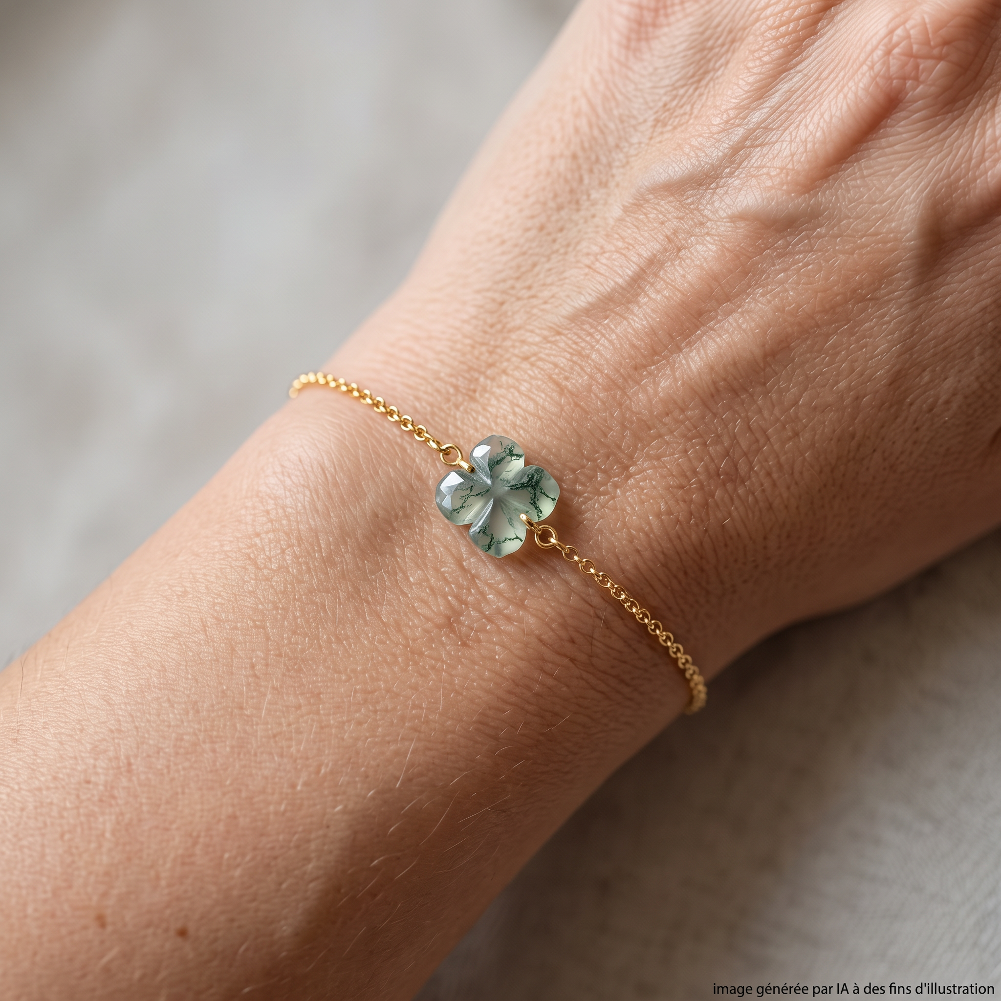 Bracelet Ilrgia Argent Plaqué or Jaune Lauburu Ttiki en Agate mousse porté - photo générée par IA