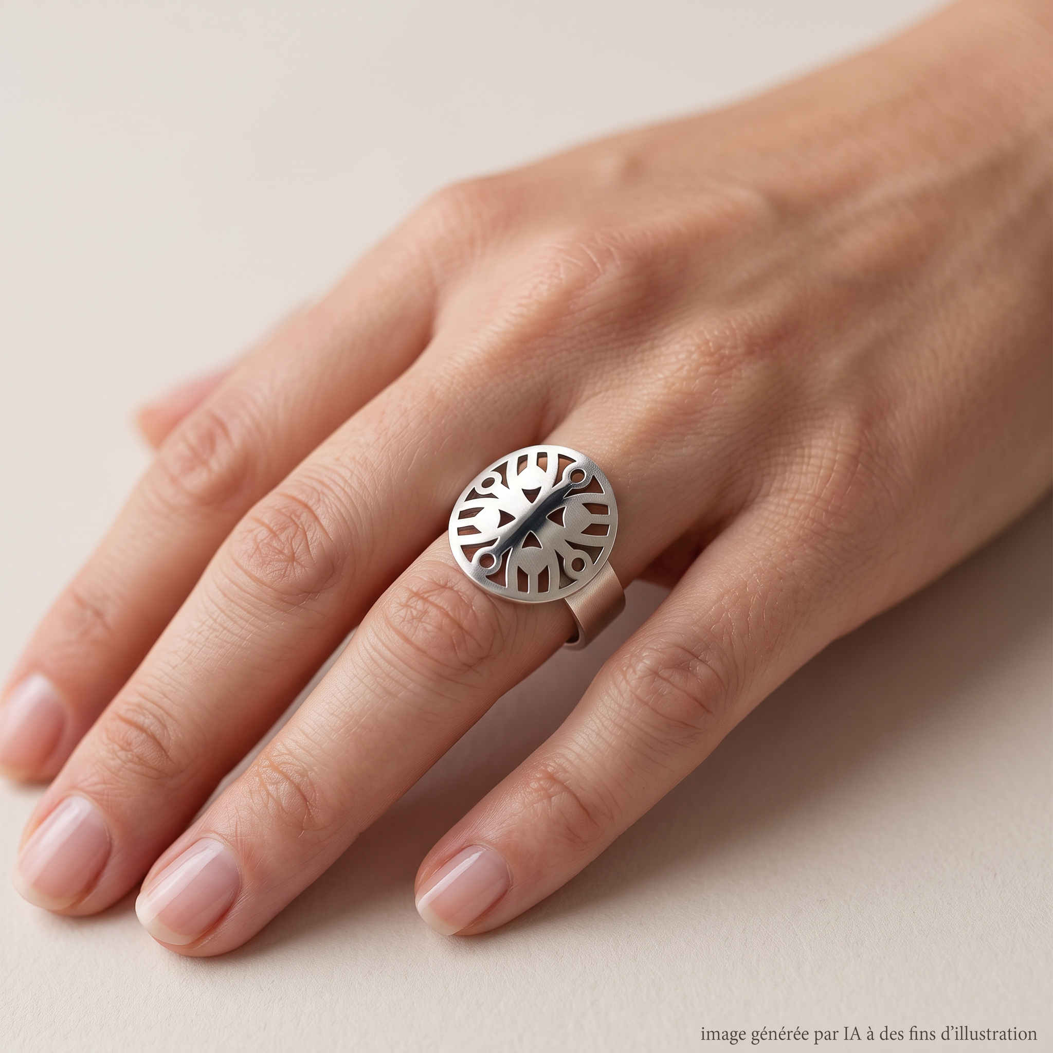 Bague Stèle de Lacarre Argent portée - photo générée par IA
