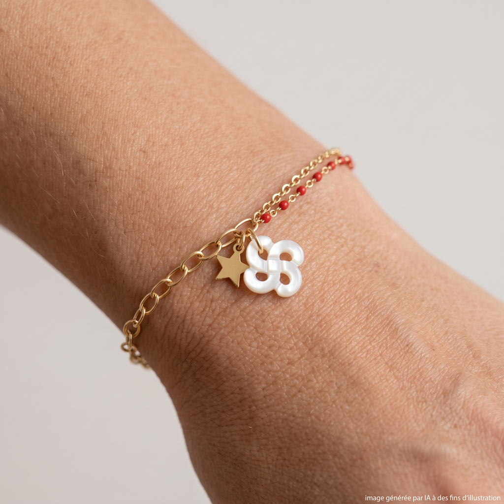 Bracelet Izarra Argent Plaqué Or Jaune Lauburu Ttiki Nacre Blanche Laque Rouge Etoile porté - photo générée par IA