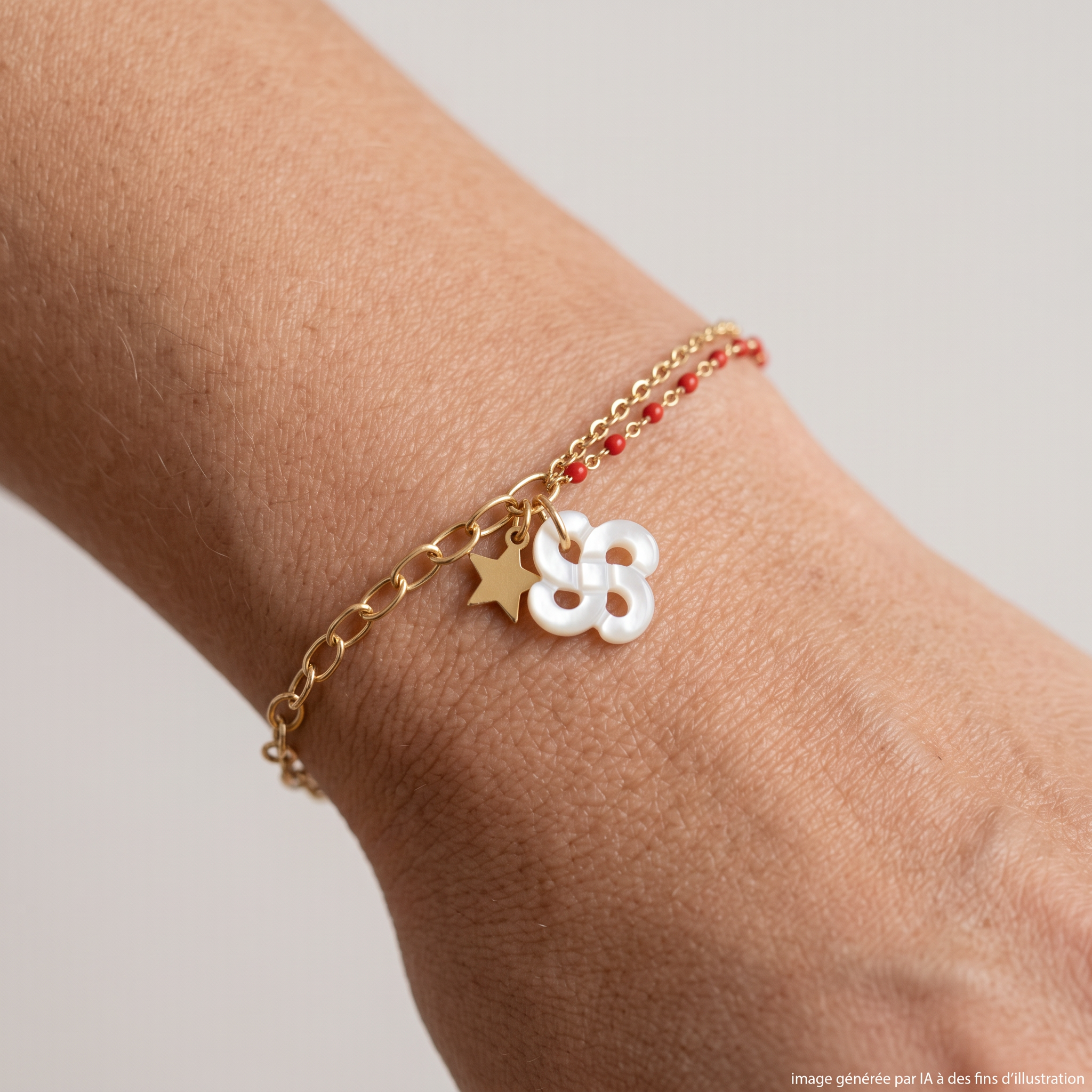 Bracelet Izarra Argent Plaqué Or Jaune Lauburu Ttiki Nacre Blanche Laque Rouge Etoile porté - photo générée par IA
