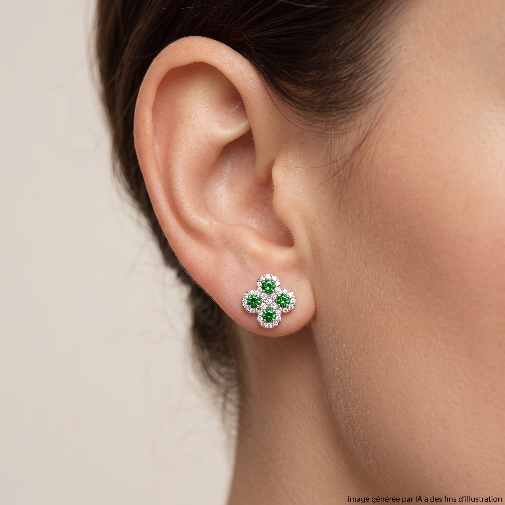 Boucles D'oreilles Argia Txiki Diamants Tsavorites Or Blanc portées - photo générée par IA