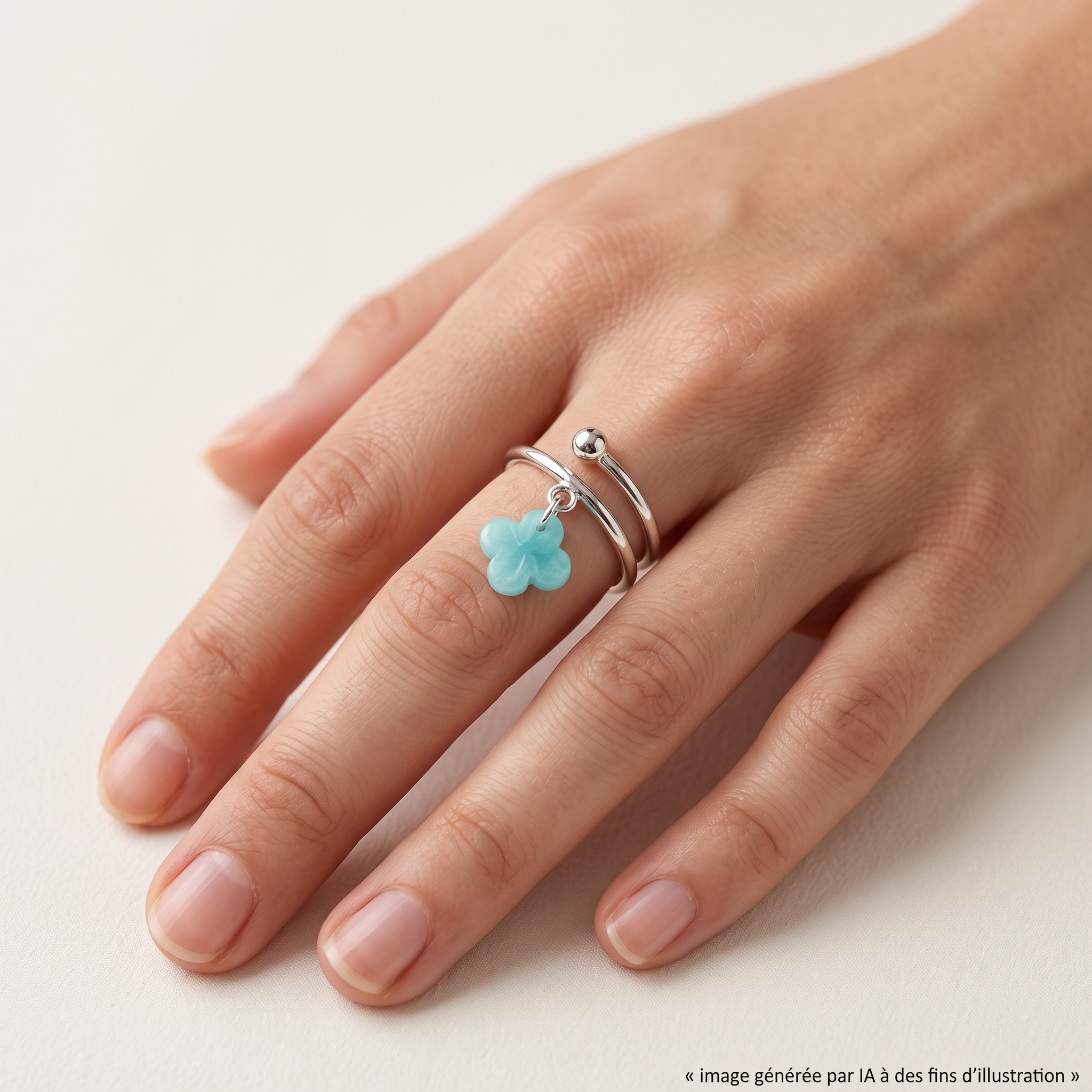 Bague Argent et Amazonite Réglable portée - photo générée par IA