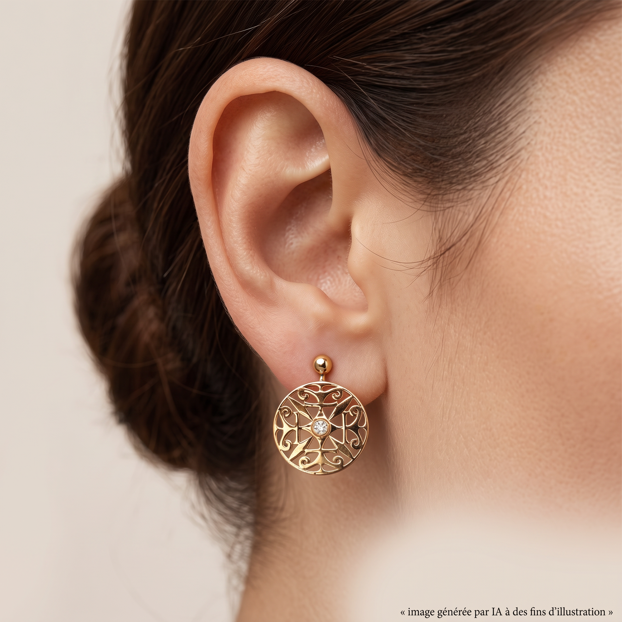 Boucles D'oreilles Stèle 1644 Diamant Or Jaune portées - photo générée par IA