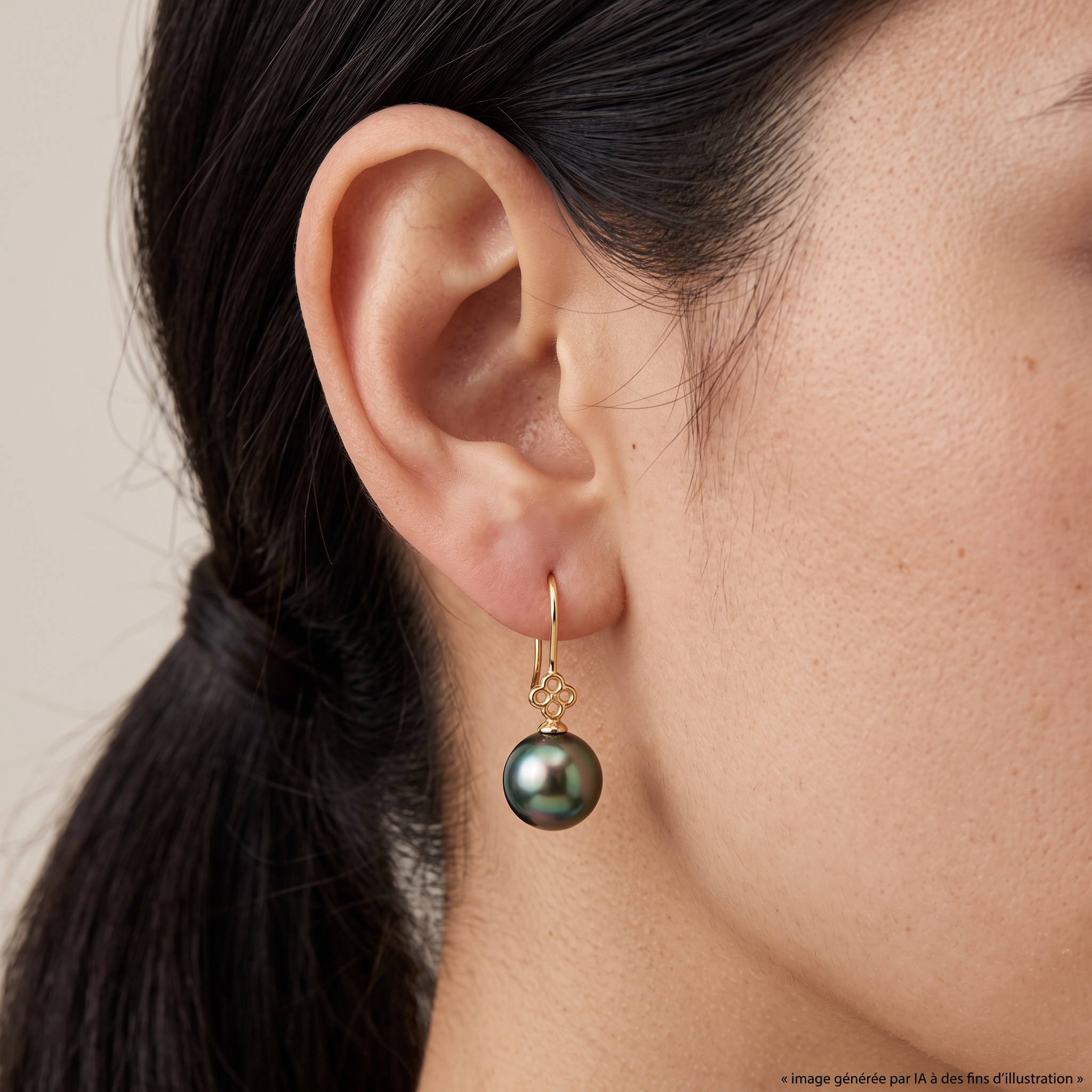 Boucles D'oreilles Luma Ttiki Or Jaune Perles de Tahiti portées - photo générée par IA