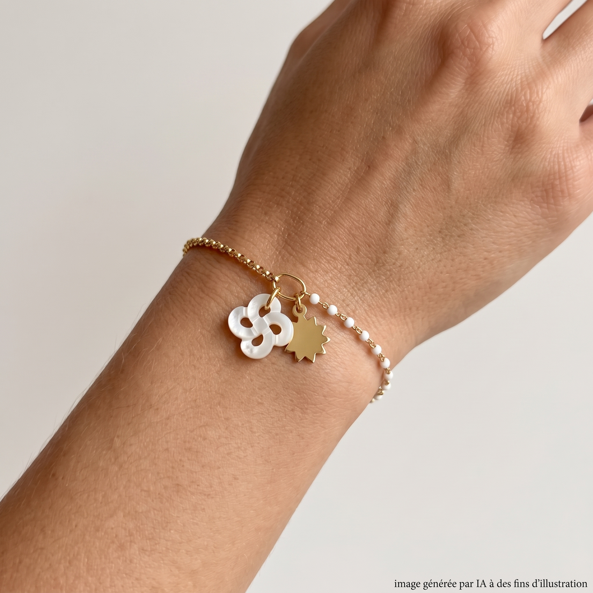 Bracelet Izarra Argent Plaqué Or Jaune Lauburu Ttiki Nacre Blanche Soleil porté - photo générée par IA