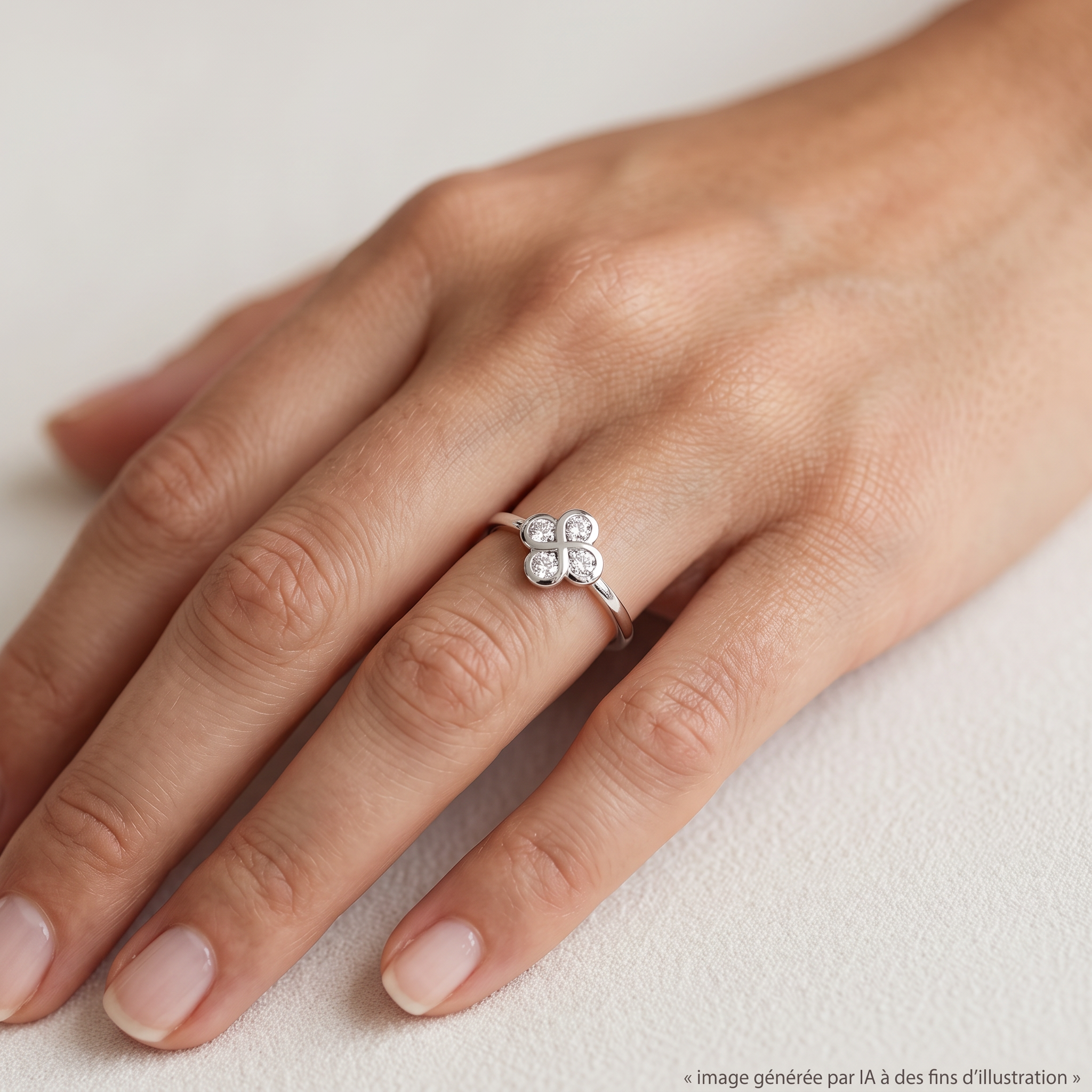 Bague Alaia Or Blanc et Diamants portée - photo générée par IA