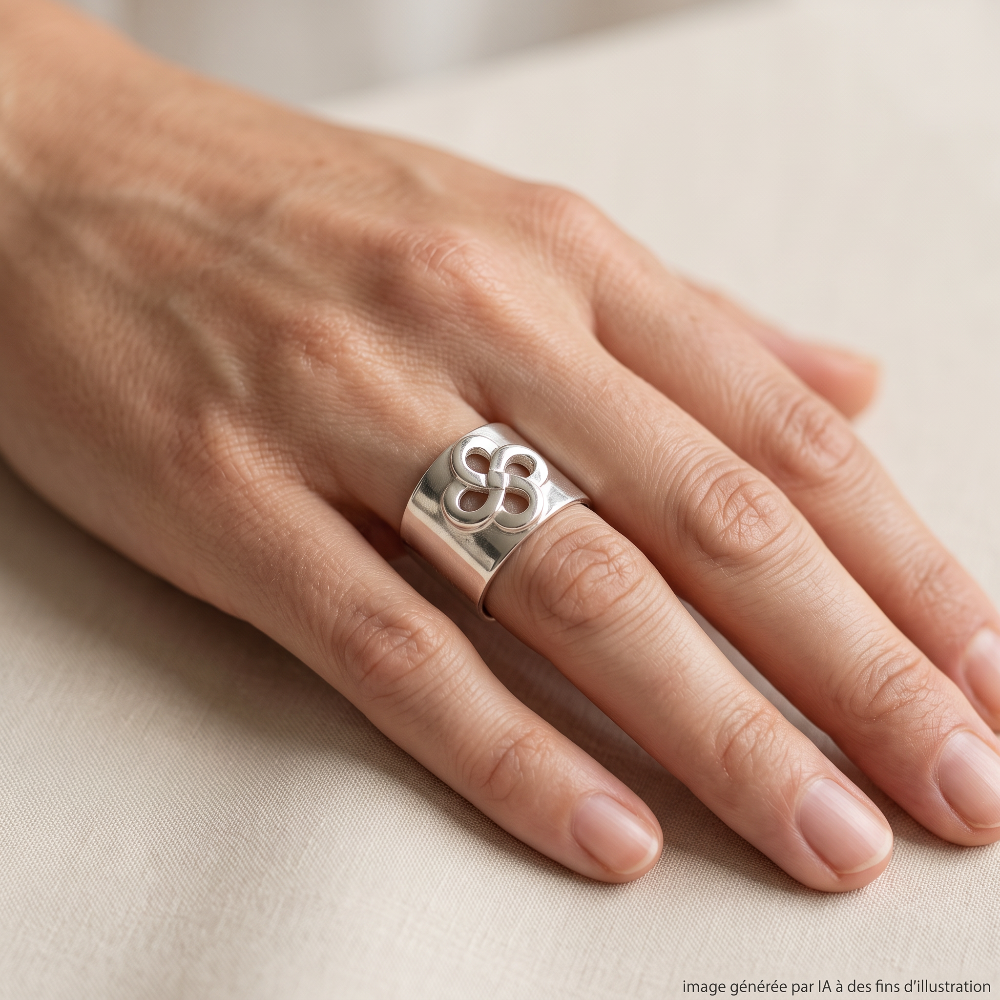 Bague Ouverte Zilarra Argent Lauburu portée - photo générée par IA