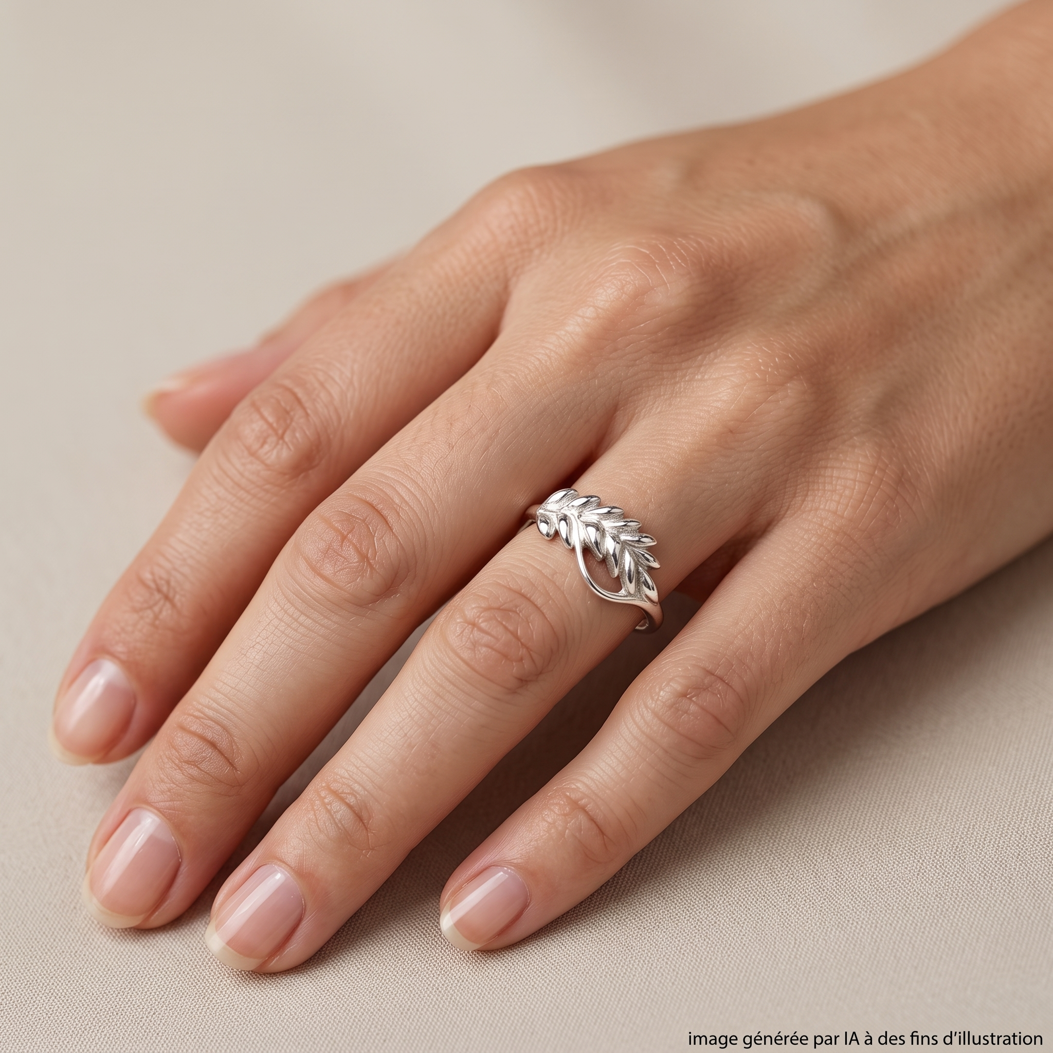 Bague Ogi argent portée - photo générée par IA