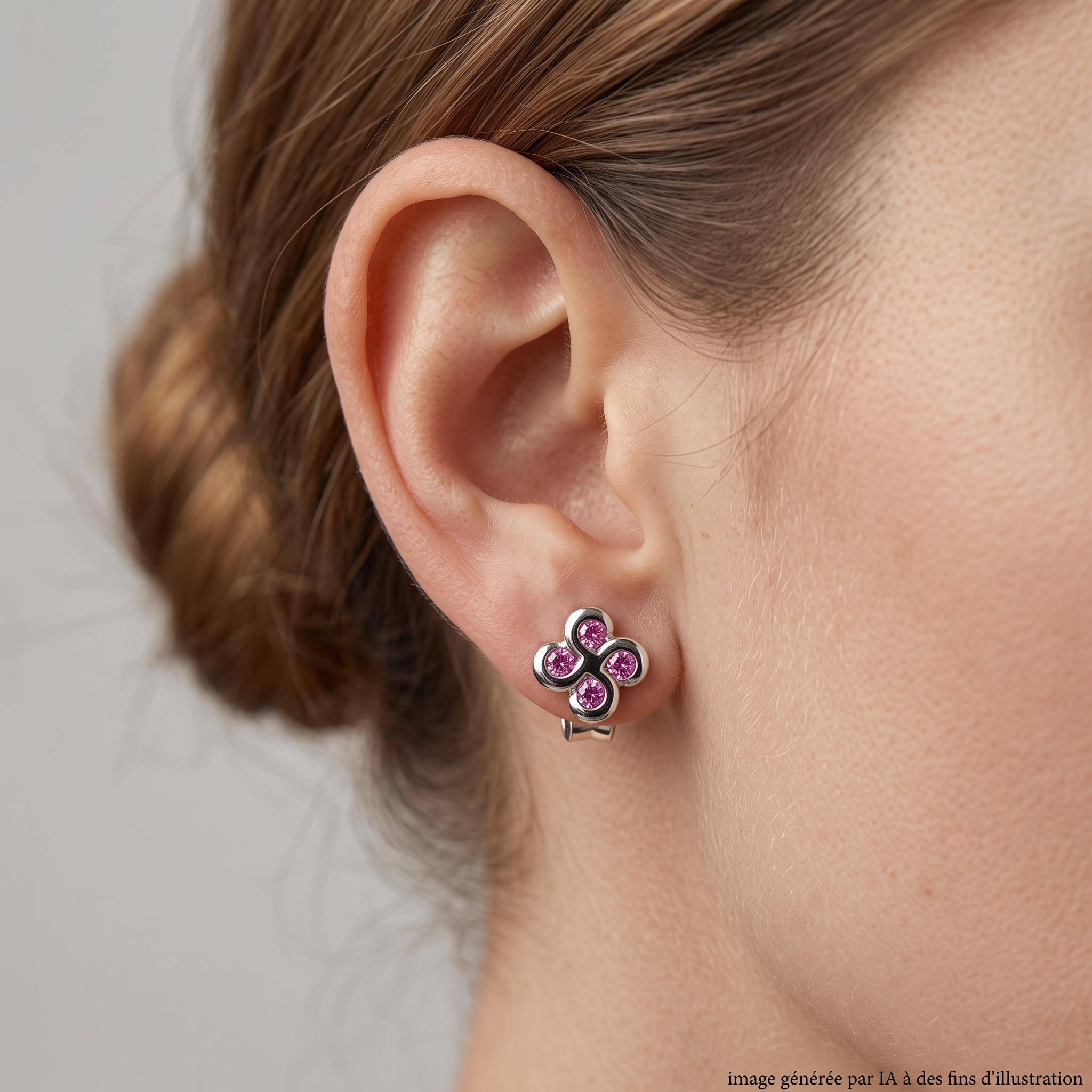 Boucles D'oreilles Alaia Saphirs Roses Or Blanc portées - photo générée par IA