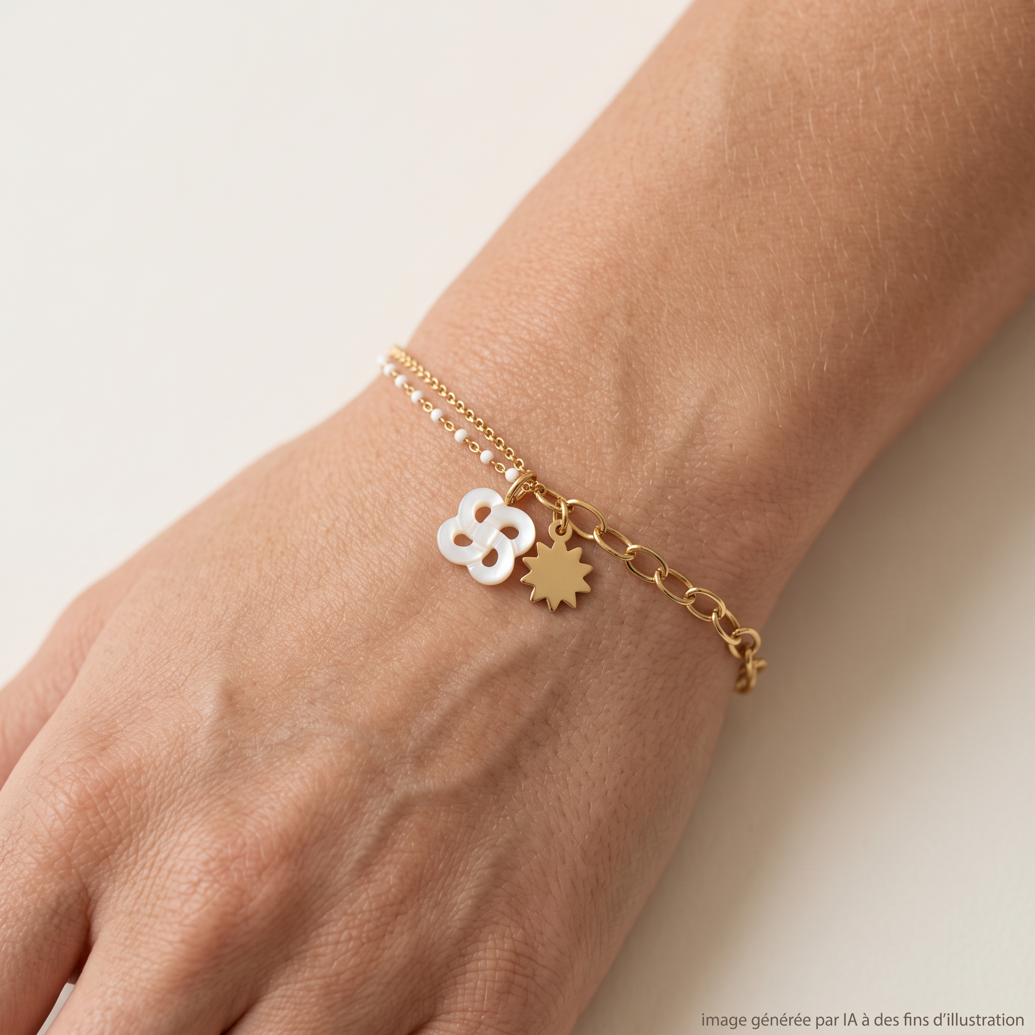 Bracelet Izarra Argent Plaqué Or Jaune Lauburu Ttiki Nacre Blanche Laque Blanc Soleil porté - photo générée par IA