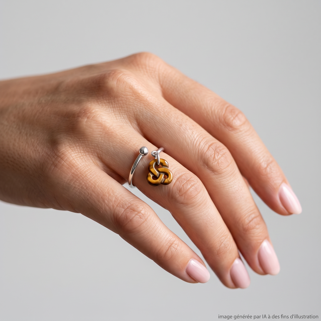 Bague Argent et Oeil de tigre Réglable portée - photo générée par IA
