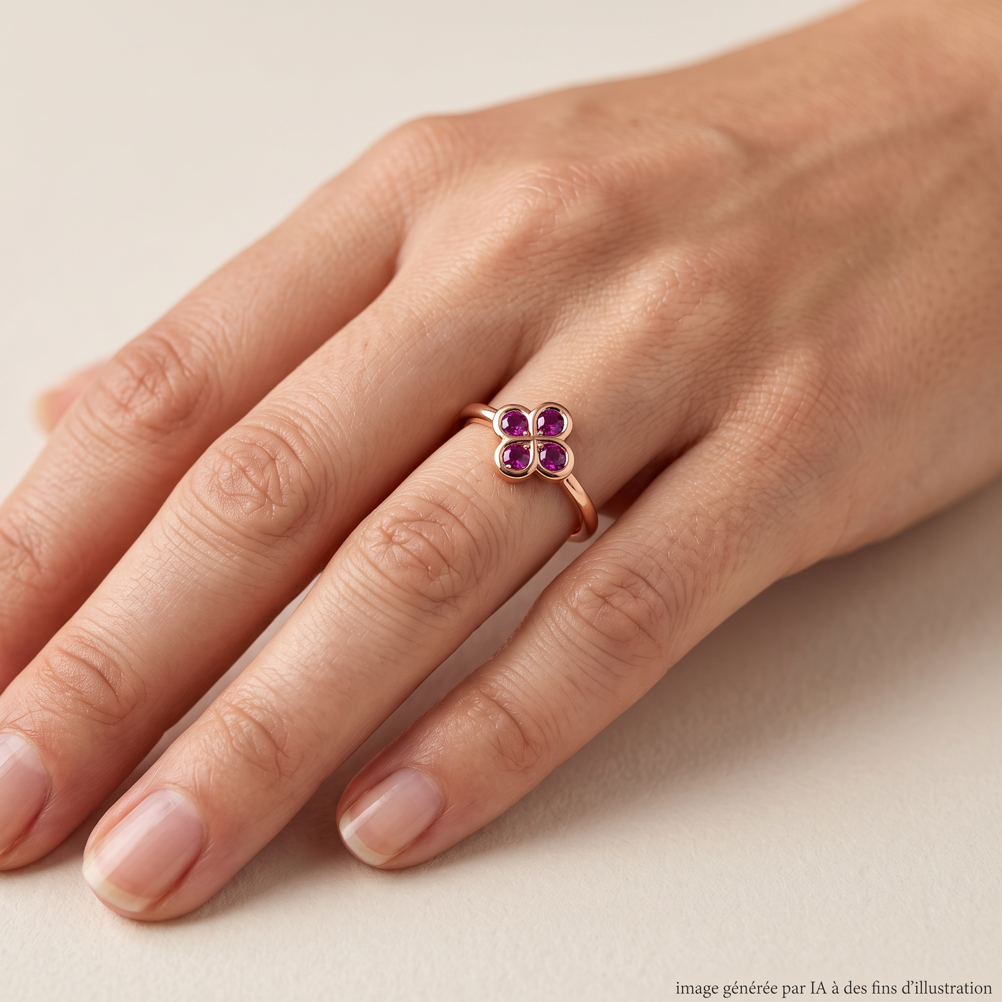 Bague Alaia Rubis Or Rose portée - photo générée par IA