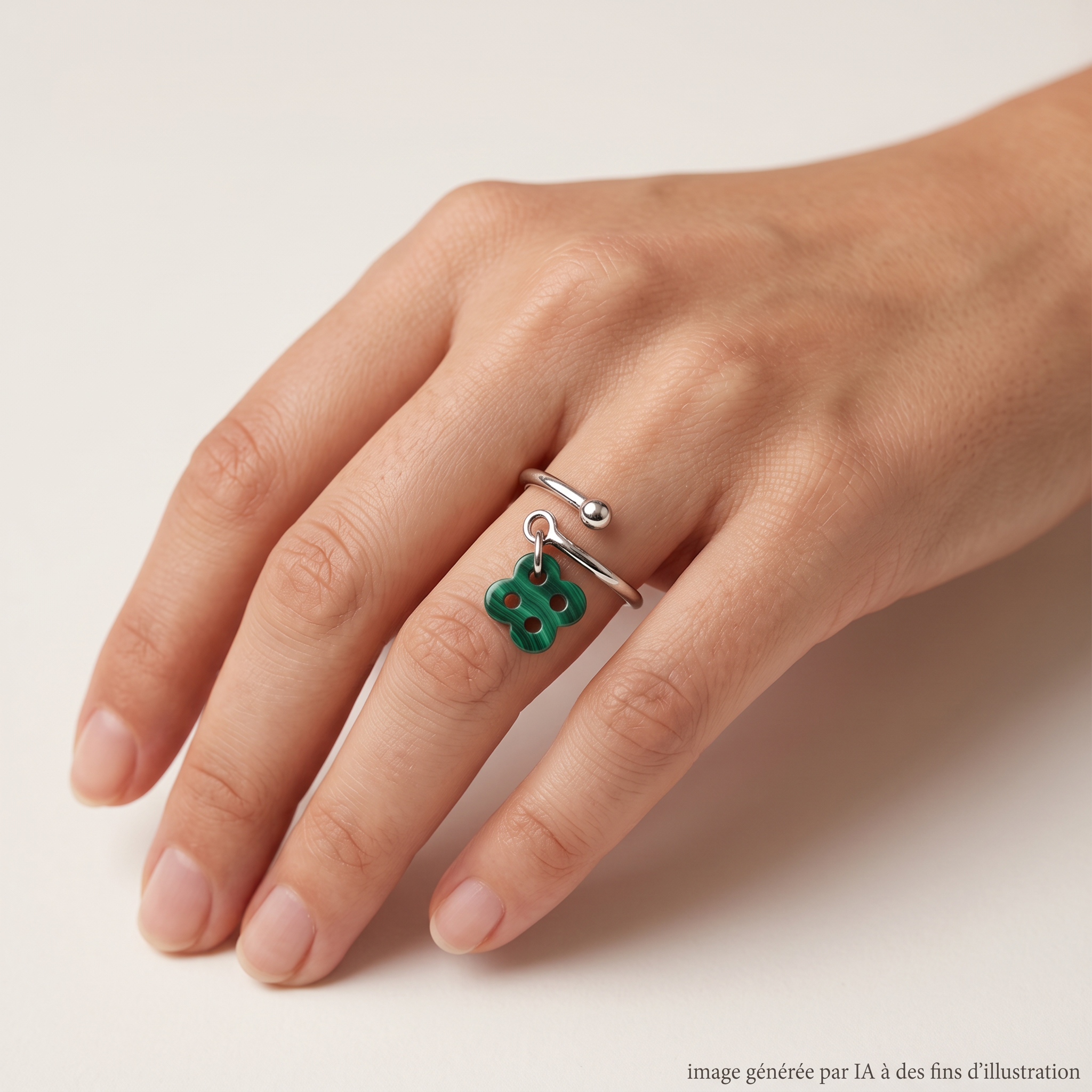 Bague Argent et Malachite Réglable portée - photo générée par IA
