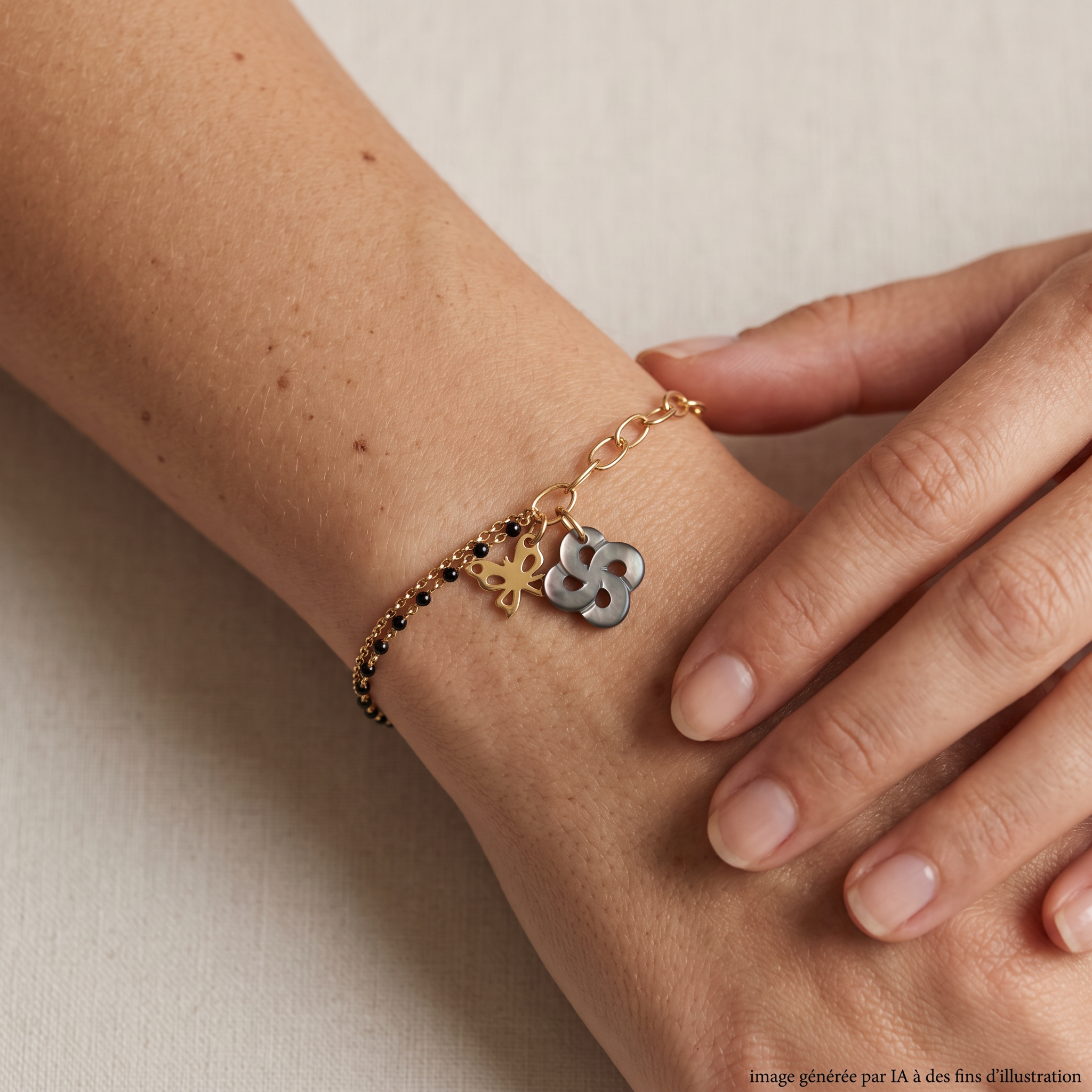 Bracelet Izarra Argent Plaqué Or Jaune Lauburu Ttiki Nacre Grise Laque Noir Pampille porté - photo générée par IA