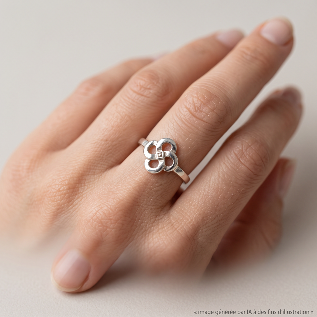 Bague Zilarra Txiki Argent Lauburu portée - photo générée par IA