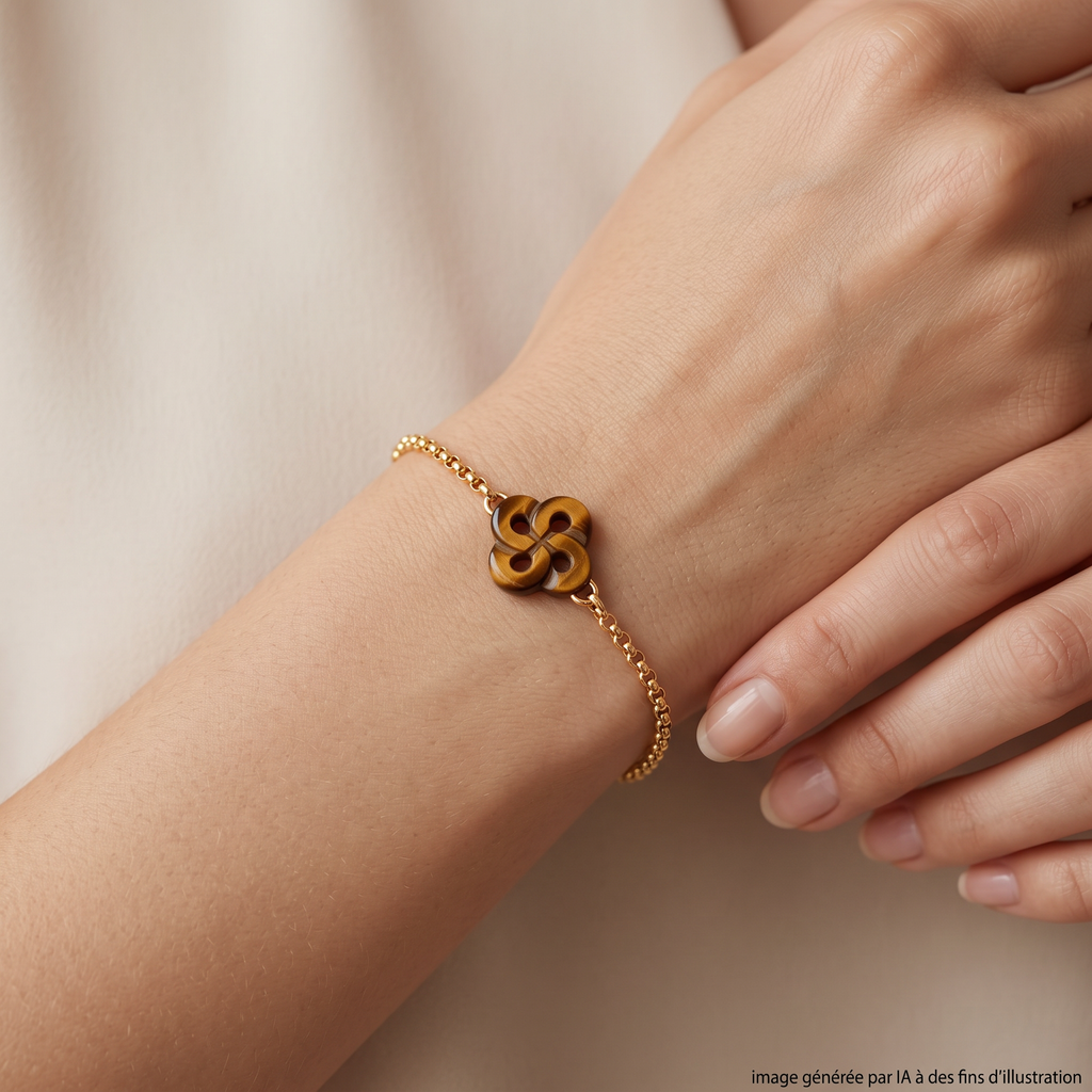 Bracelet Ilargia Argent Plaqué Or Jaune Lauburu Ttiki Oeil de tigre porté - photo générée par IA