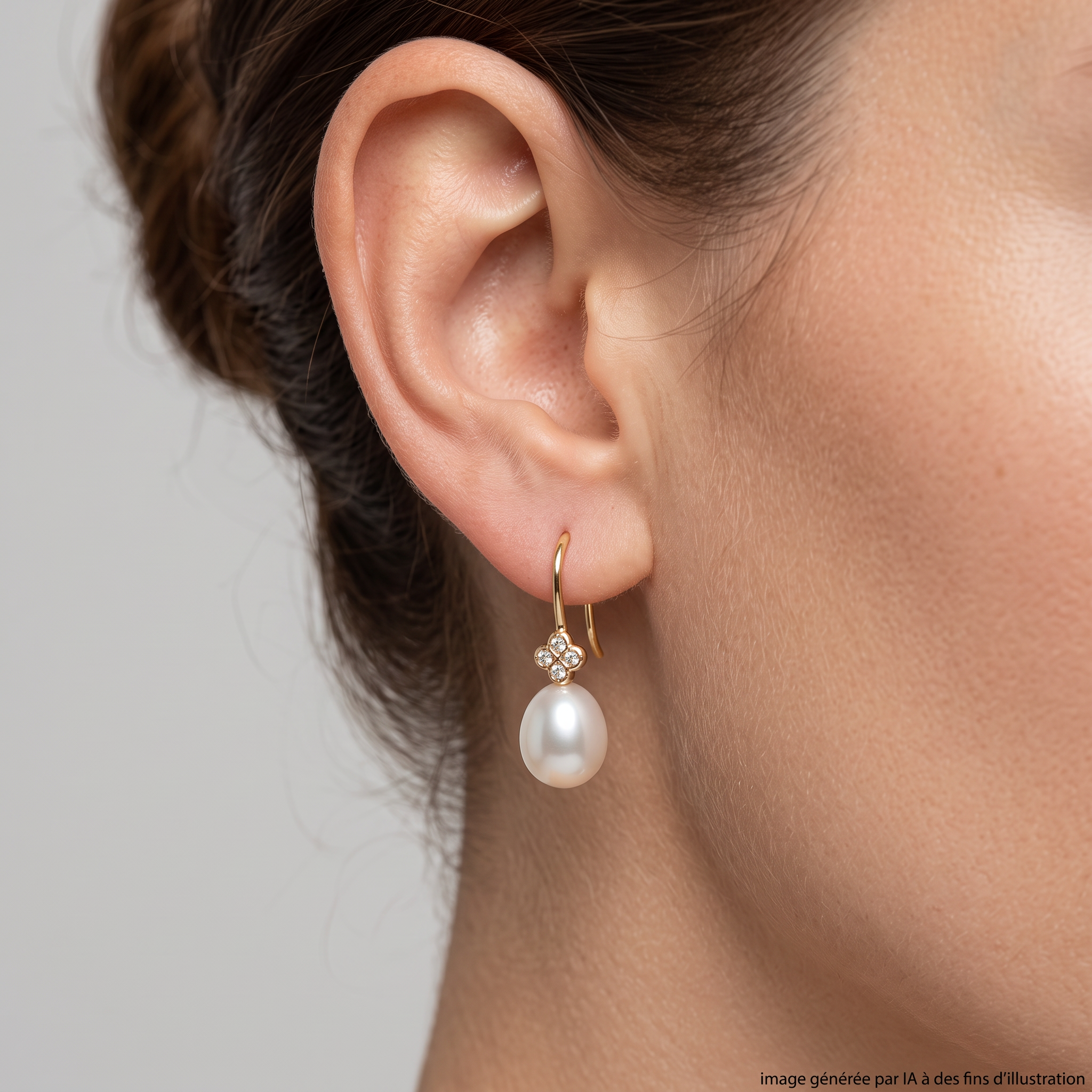Boucles D'oreilles Luma Ttiki Or Jaune, Diamants et Perles d'eau douce portées - photo générée par IA