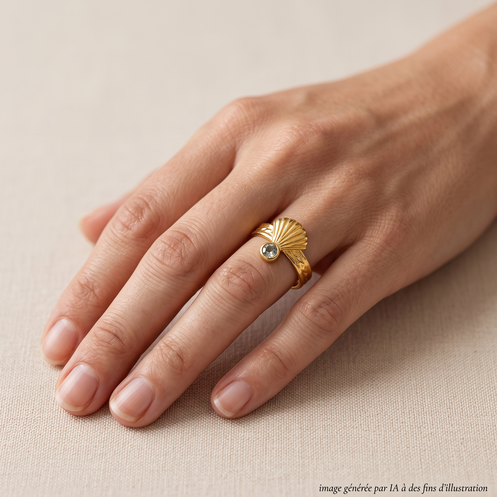 Bague Camino Argent Plaqué Or Jaune Saphir Vert portée - photo générée par IA