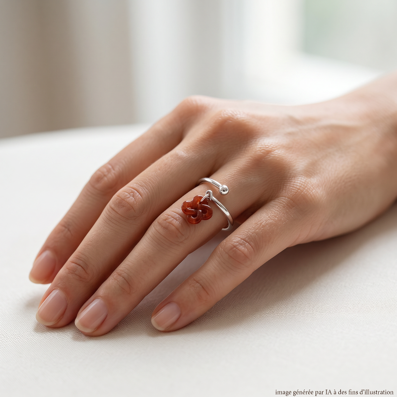 Bague Argent et Corail Réglable portée - photo générée par IA