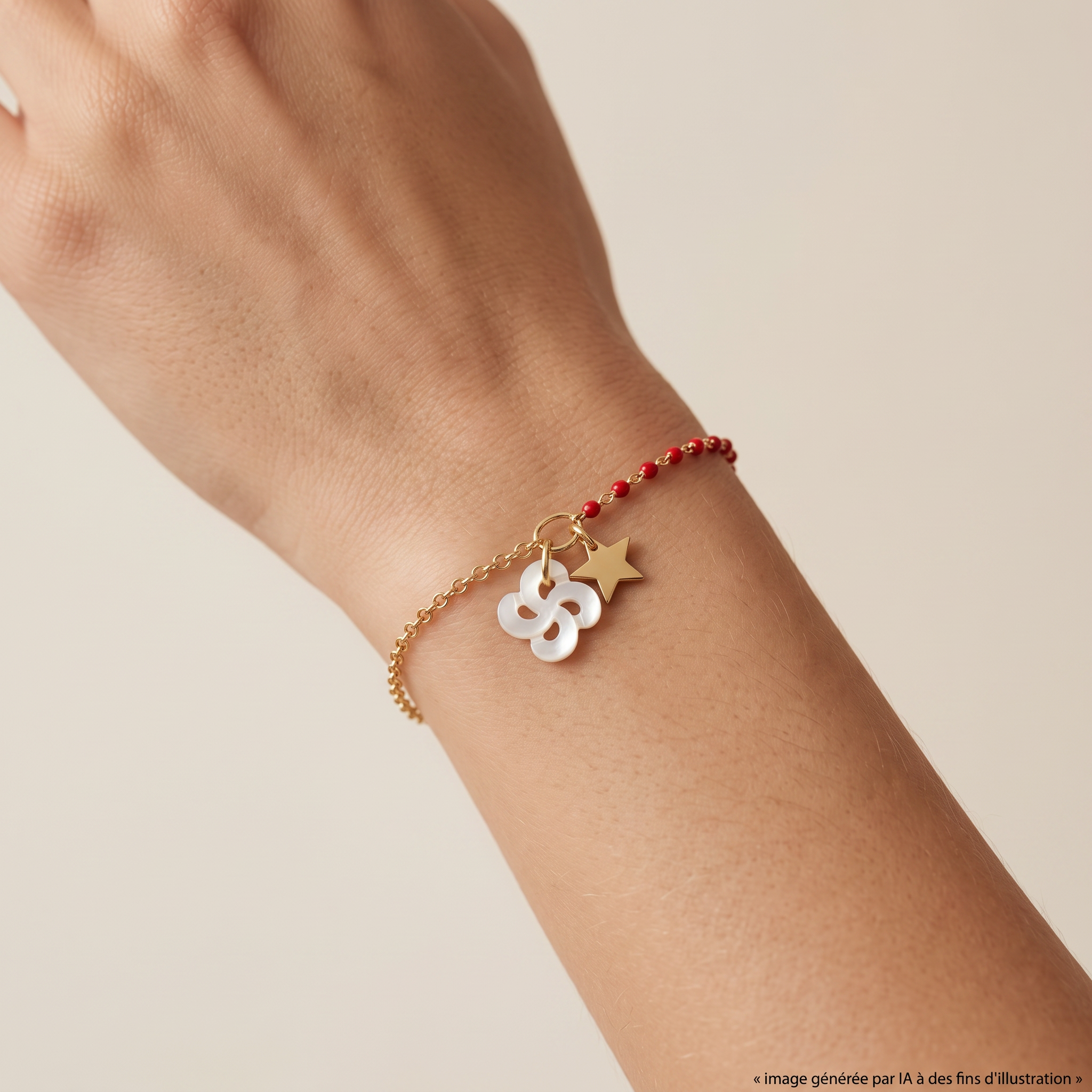 Bracelet Izarra Argent Plaqué Or Jaune Lauburu Ttiki Nacre Blanche Laque Rouge Etoile porté - photo générée par IA