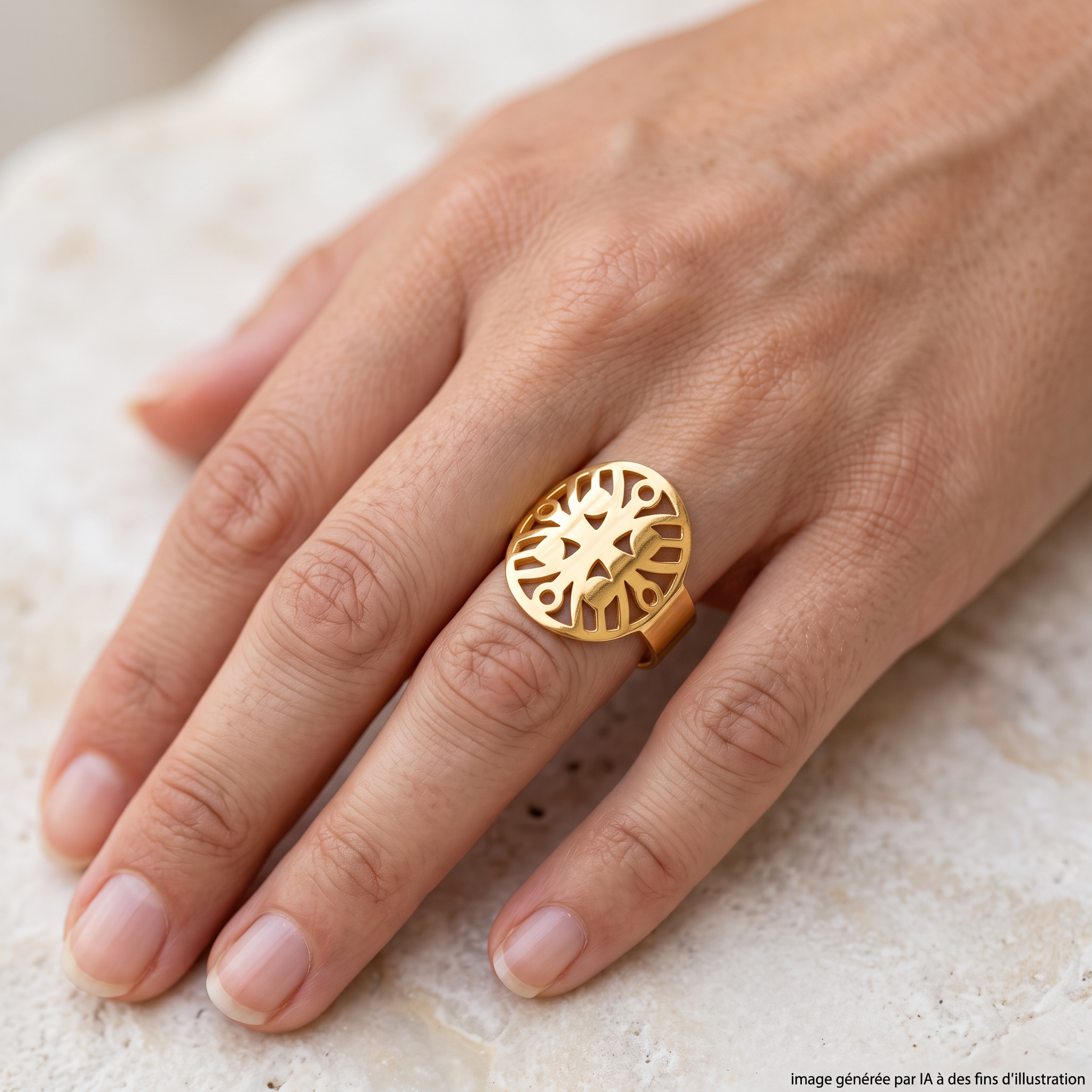 Bague Stèle de Lacarre Argent Plaqué Or Jaune portée - photo générée par IA