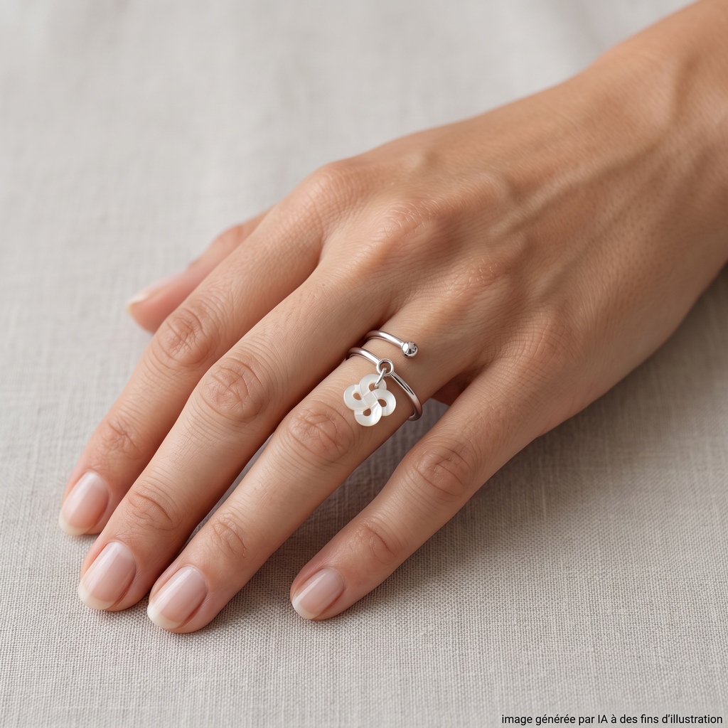 Bague Argent et Nacre Blanche Réglable portée - photo générée par IA