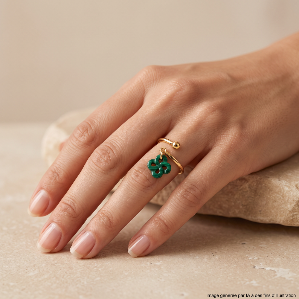 Bague Argent Plaqué Or Jaune et Malachite Réglable portée - photo générée par IA