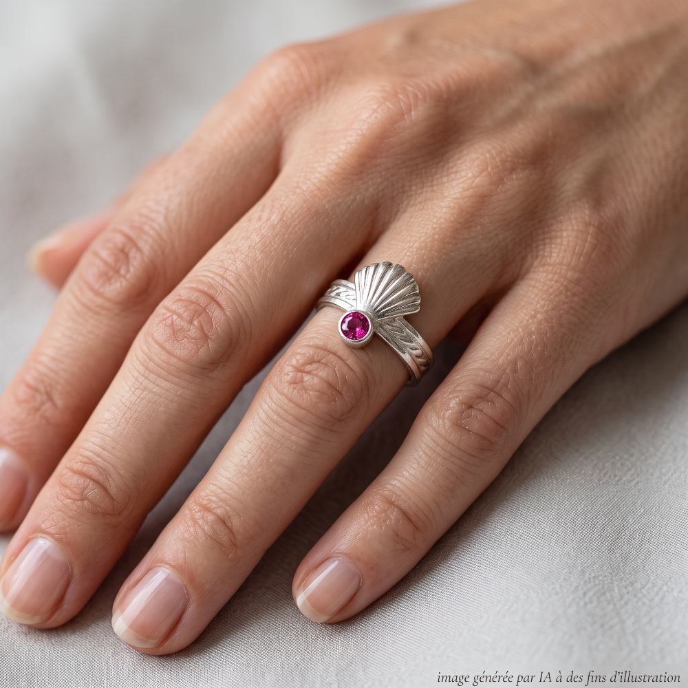 Bague Camino Argent Rhodolite portée - photo générée par IA