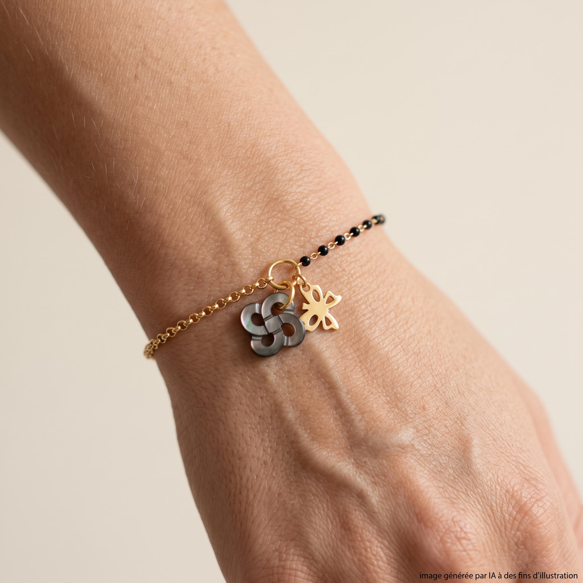 Bracelet Izarra Argent Plaqué Or Jaune Lauburu Ttiki Nacre Grise Laque Noir Papillon porté - photo générée par IA