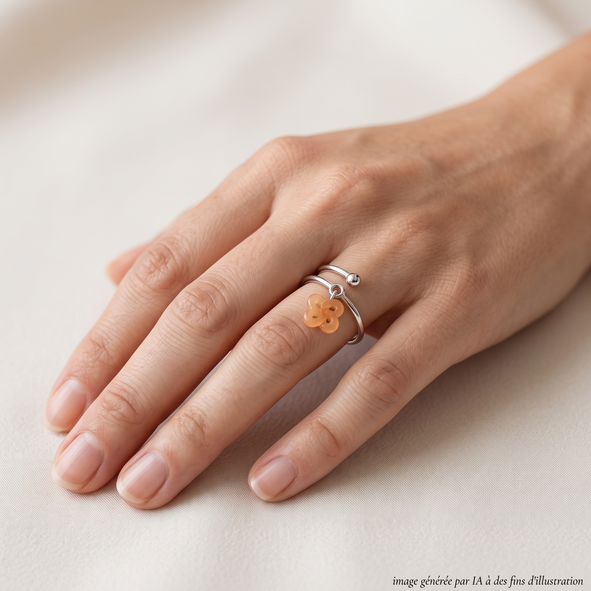 Bague Argent et Aventurine pêche Réglable portée - photo générée par IA