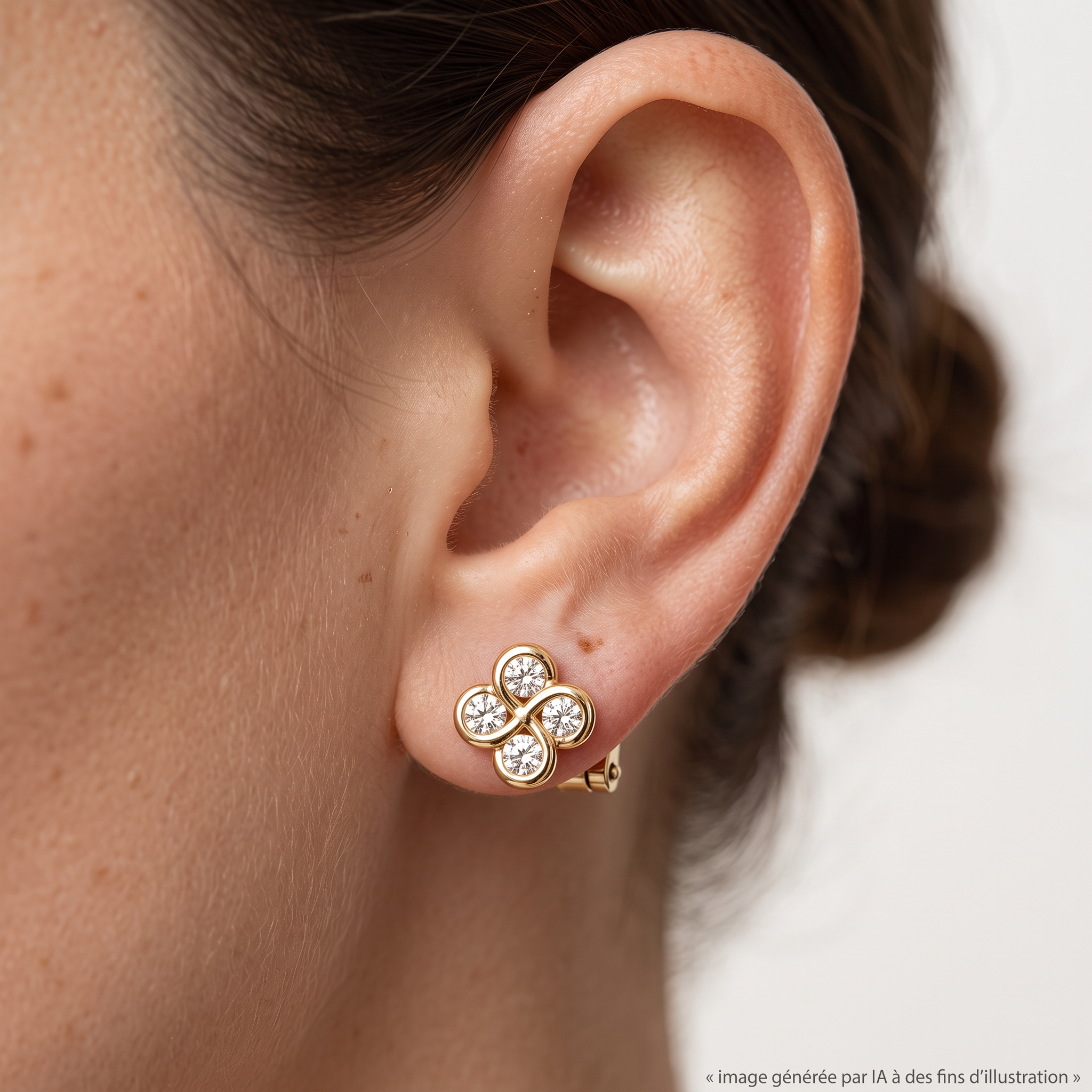 Boucles D'oreilles Alaia Diamants Or Jaune Systeme Alpa portées - photo générée par IA